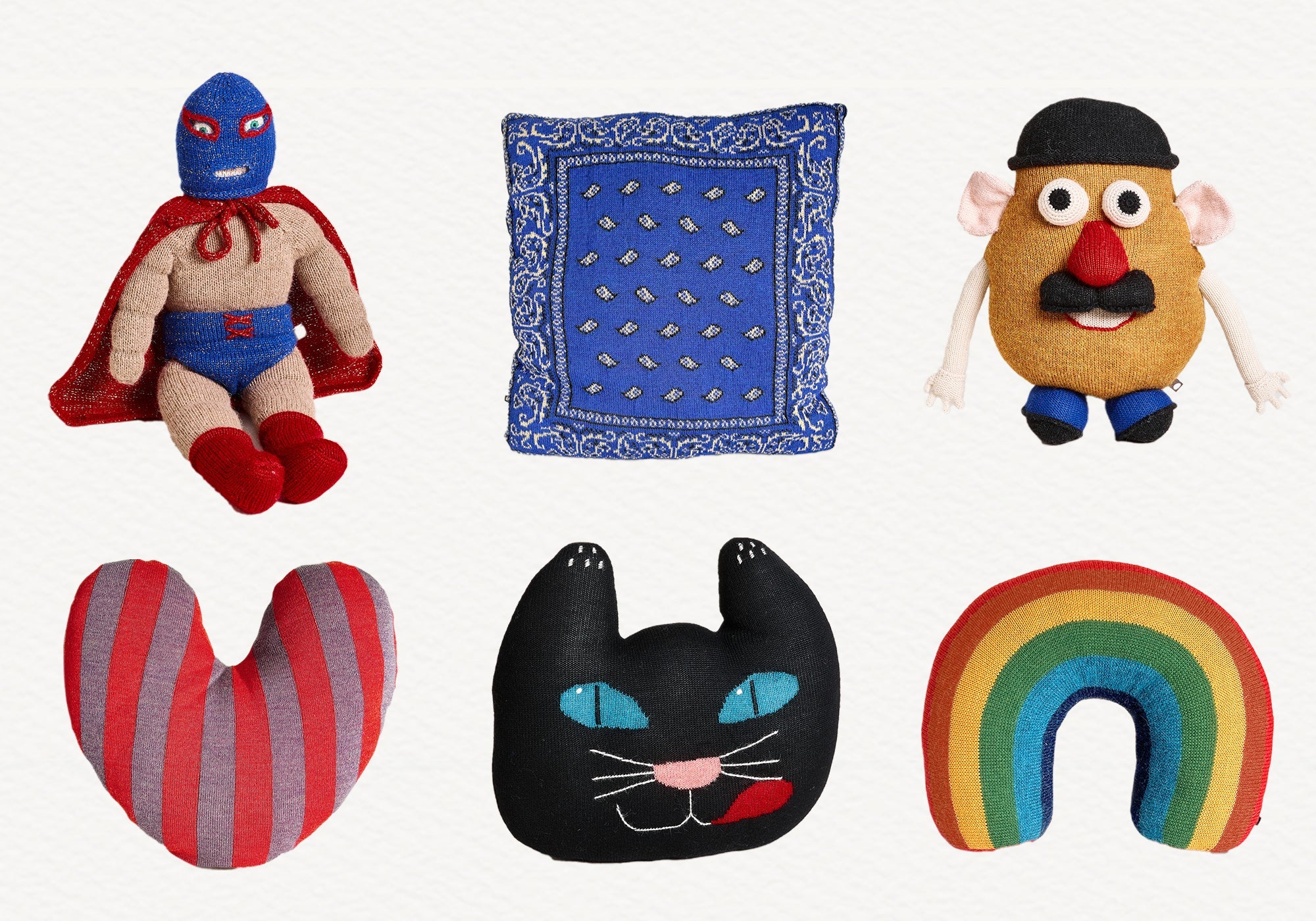 Six colorful plush toys: a wrestler, a blue bandana, Mr. Potato Head, striped heart, black cat, and rainbow.