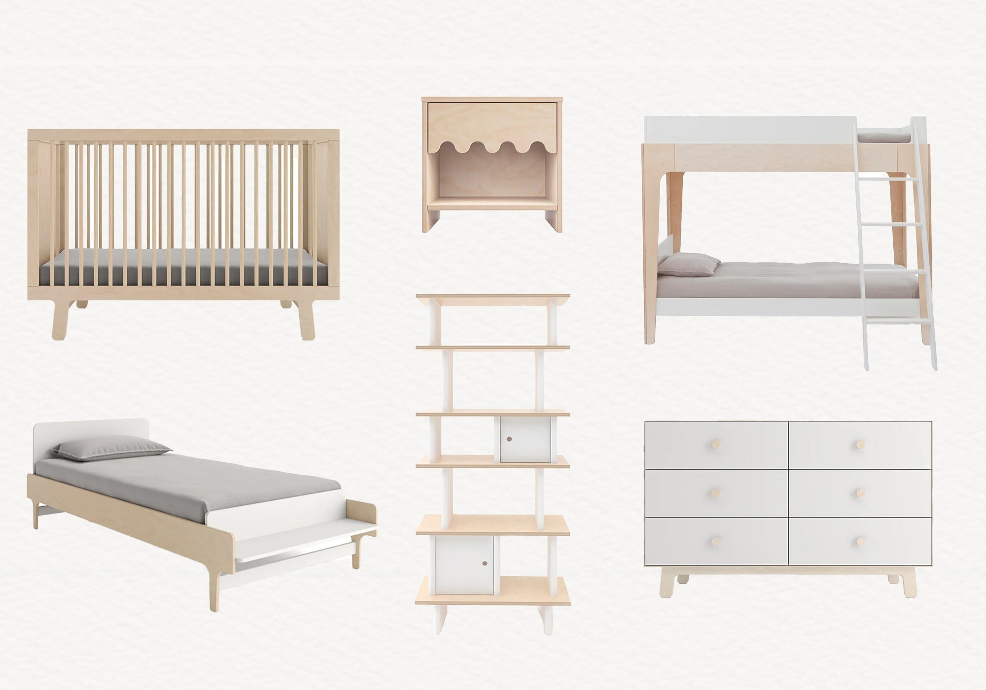 Six pieces of light wood and white children's furniture, including beds, a crib, dresser, shelf, and nightstand.