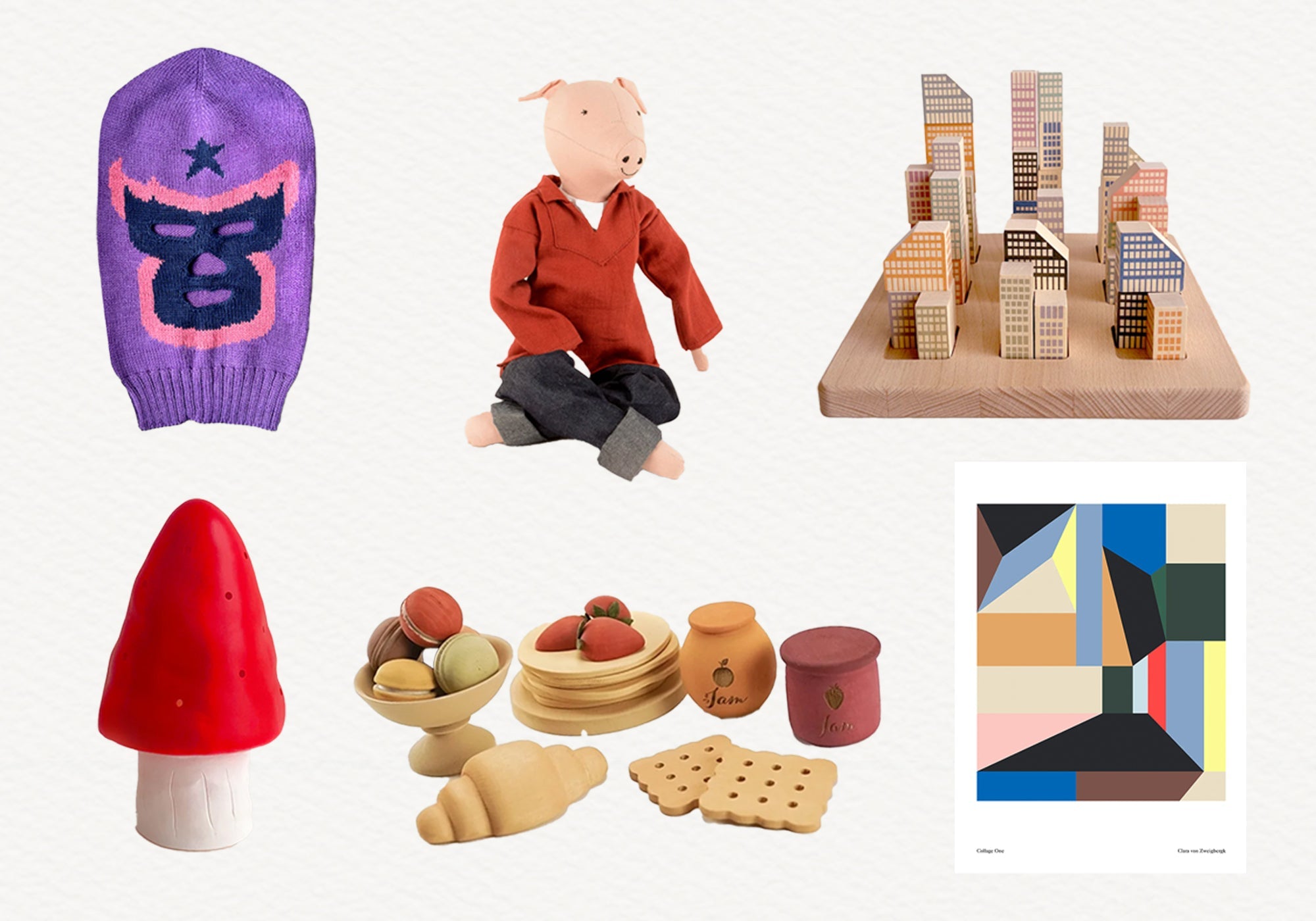 Collage of colorful toys, a pig doll, city buildings, a purple mask, play food, and abstract art print.