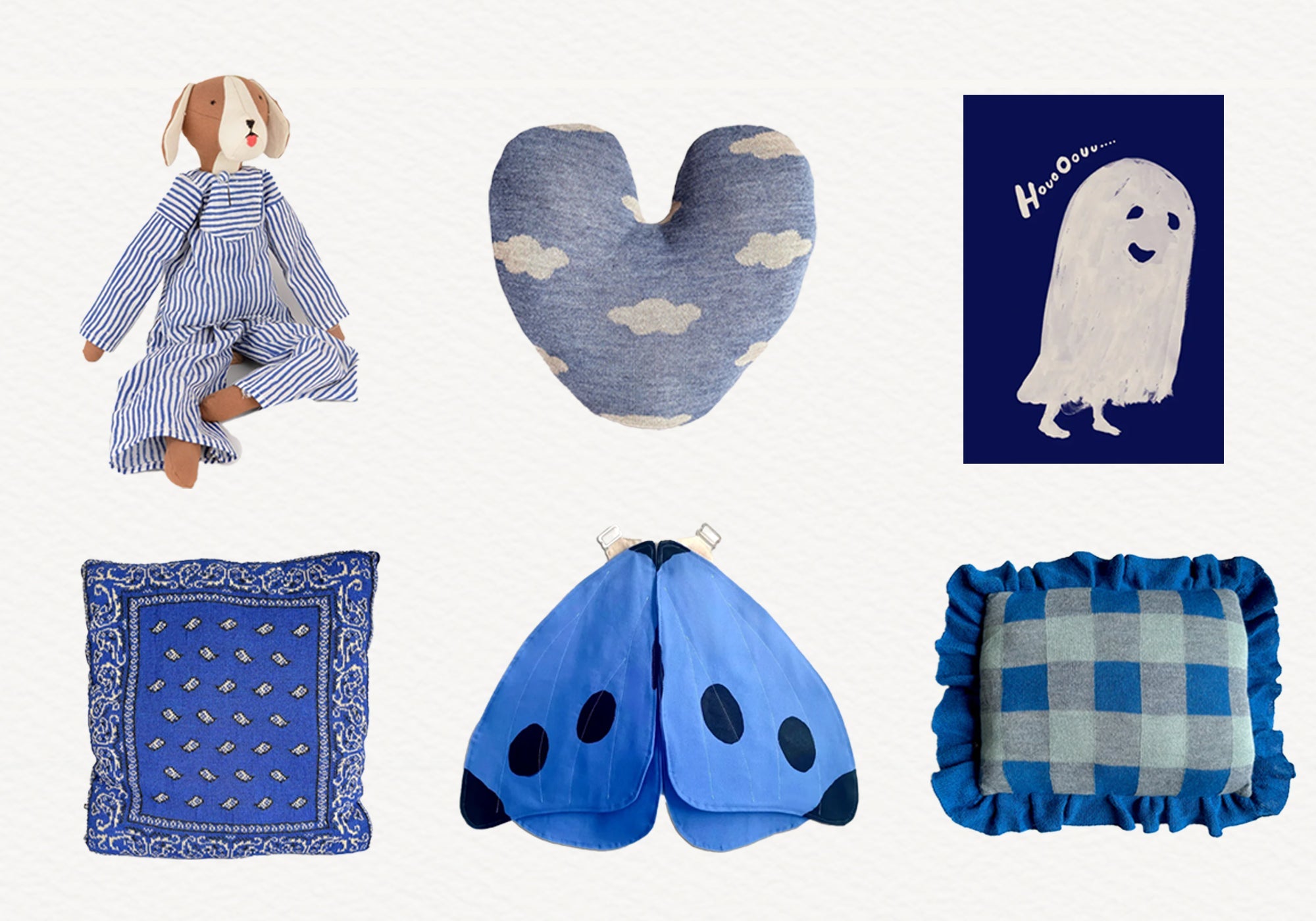 A collage of blue-themed items: a dog doll, cloud pillow, ghost art, bandana pillow, bug pillow, plaid pillow.