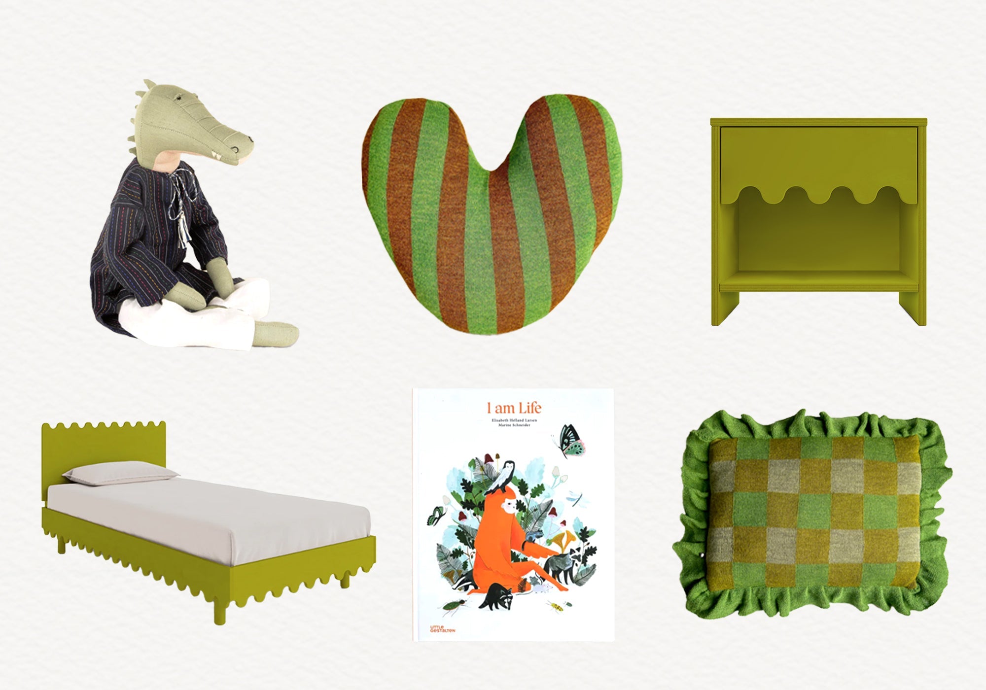Collage of green kids' room decor: crocodile doll, striped pillow, nightstand, bed, art print, and ruffled cushion.