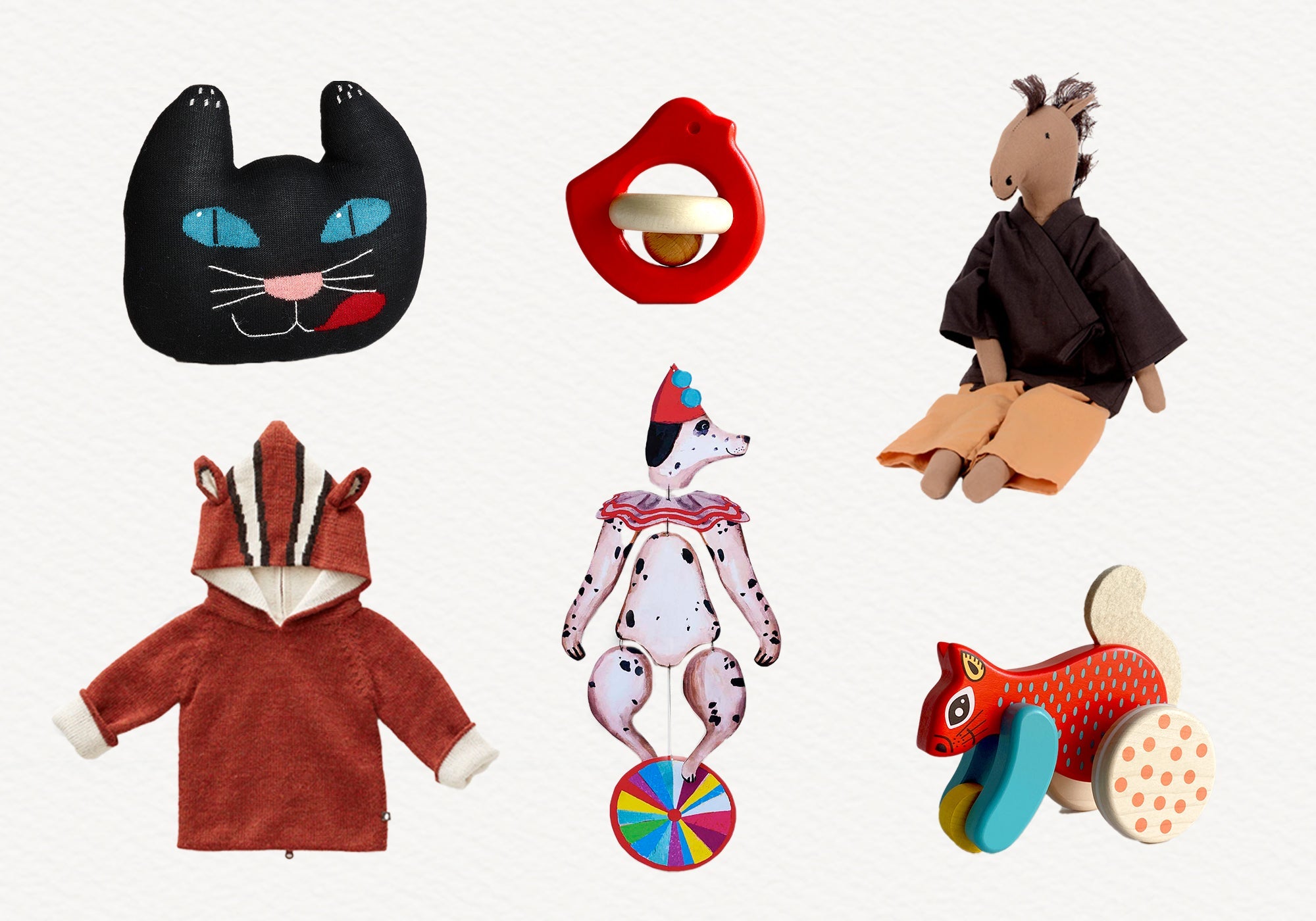 A collage of colorful children's toys, including dolls, a cat pillow, a hoodie, and wooden animals.
