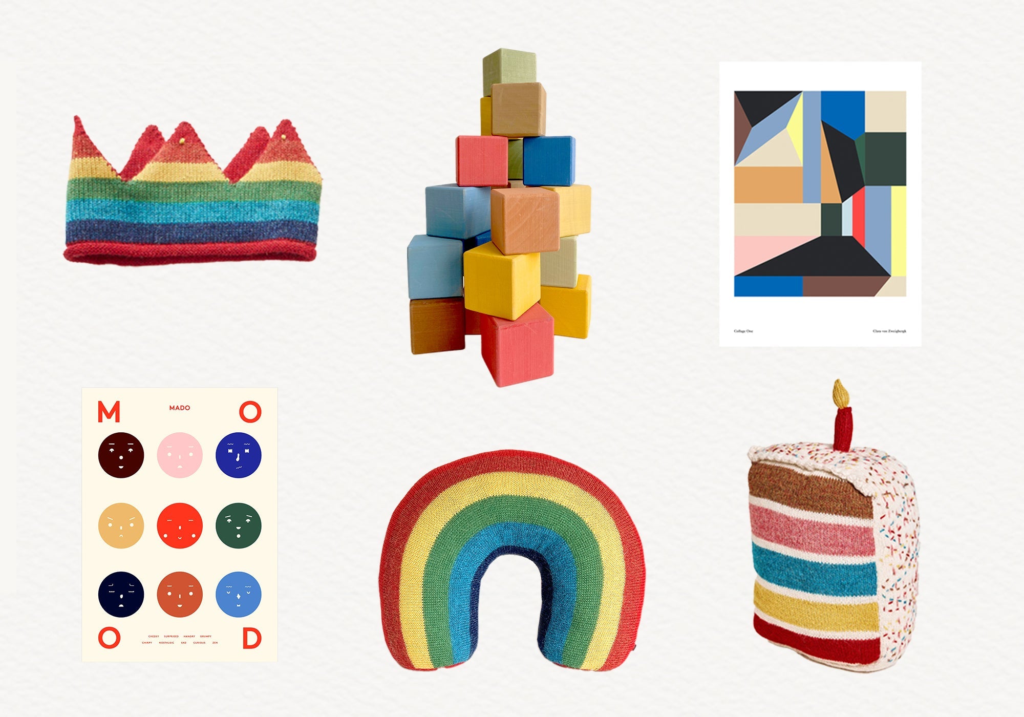 Six colorful children's toys and art prints, including rainbows, blocks, and geometric designs, on a white background.