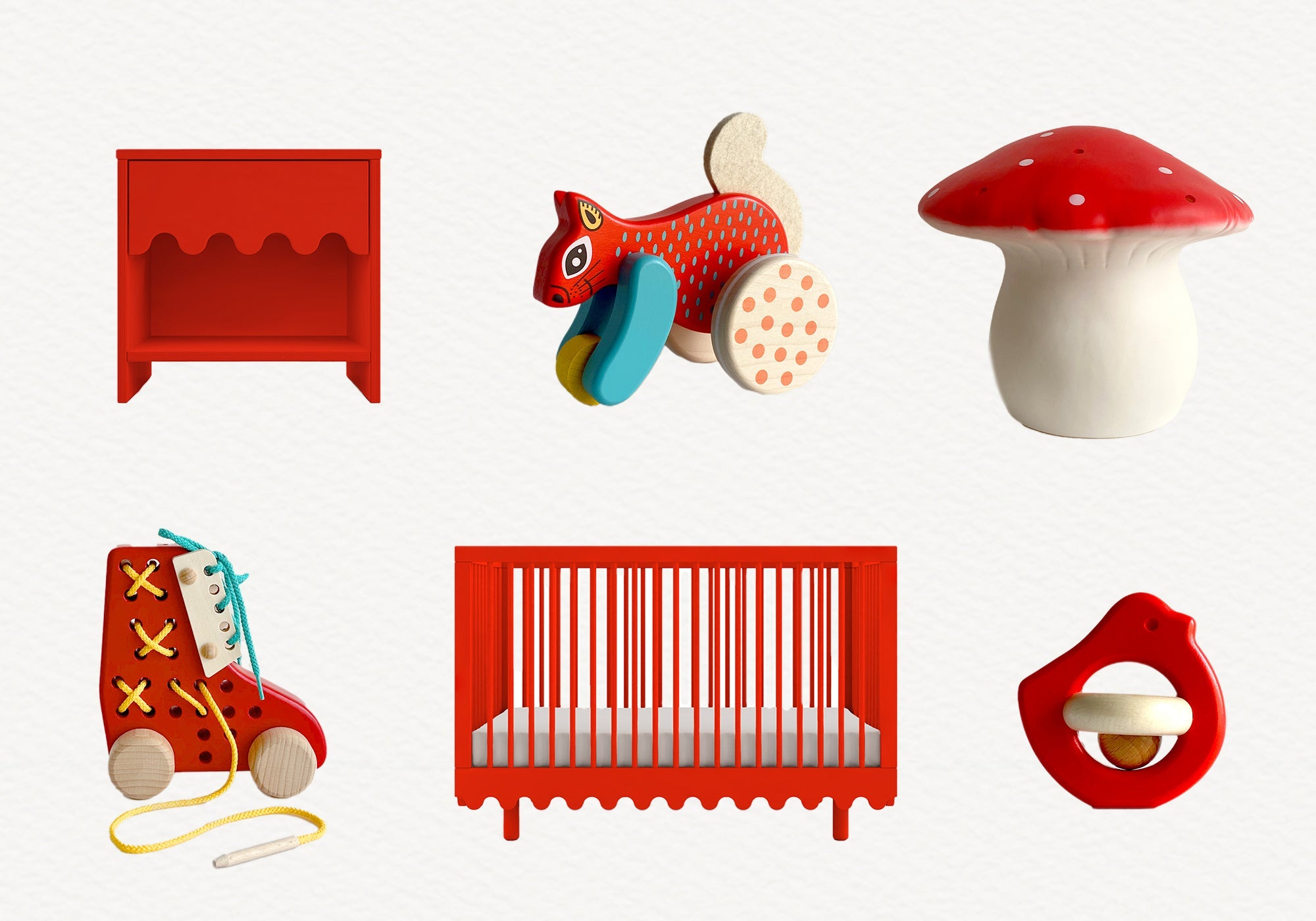 Six colorful children's toys, including a red crib, a shoe, a mushroom, a fox, a ring, and a red nightstand.
