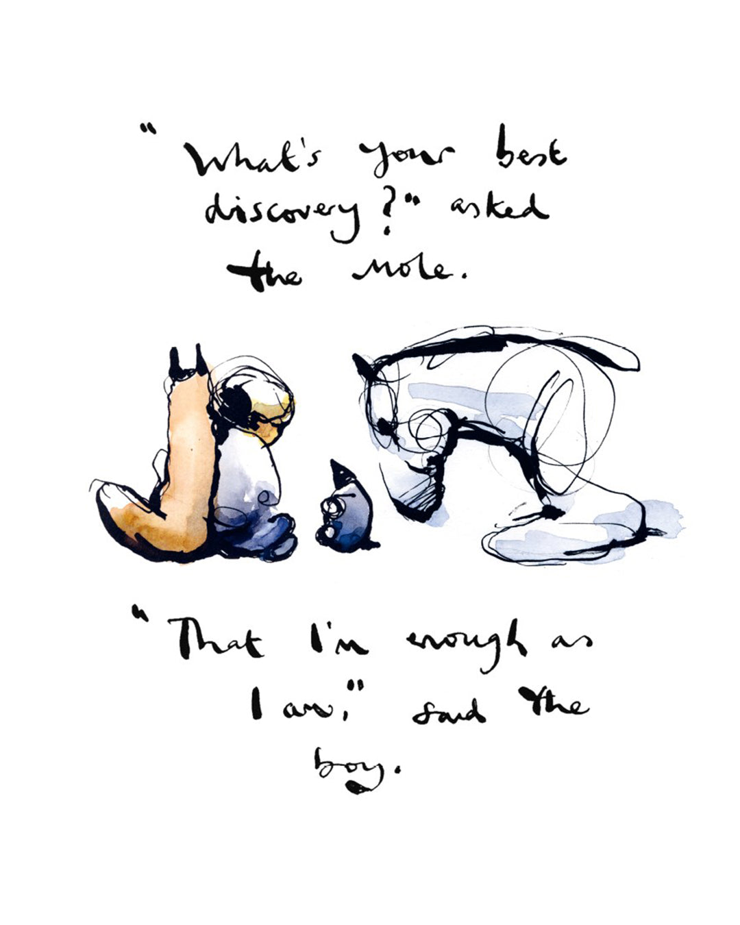 In "Le Book - The Boy, the Mole, the Fox and the Horse," handwritten text reads, "That I'm enough as I am," said the boy.