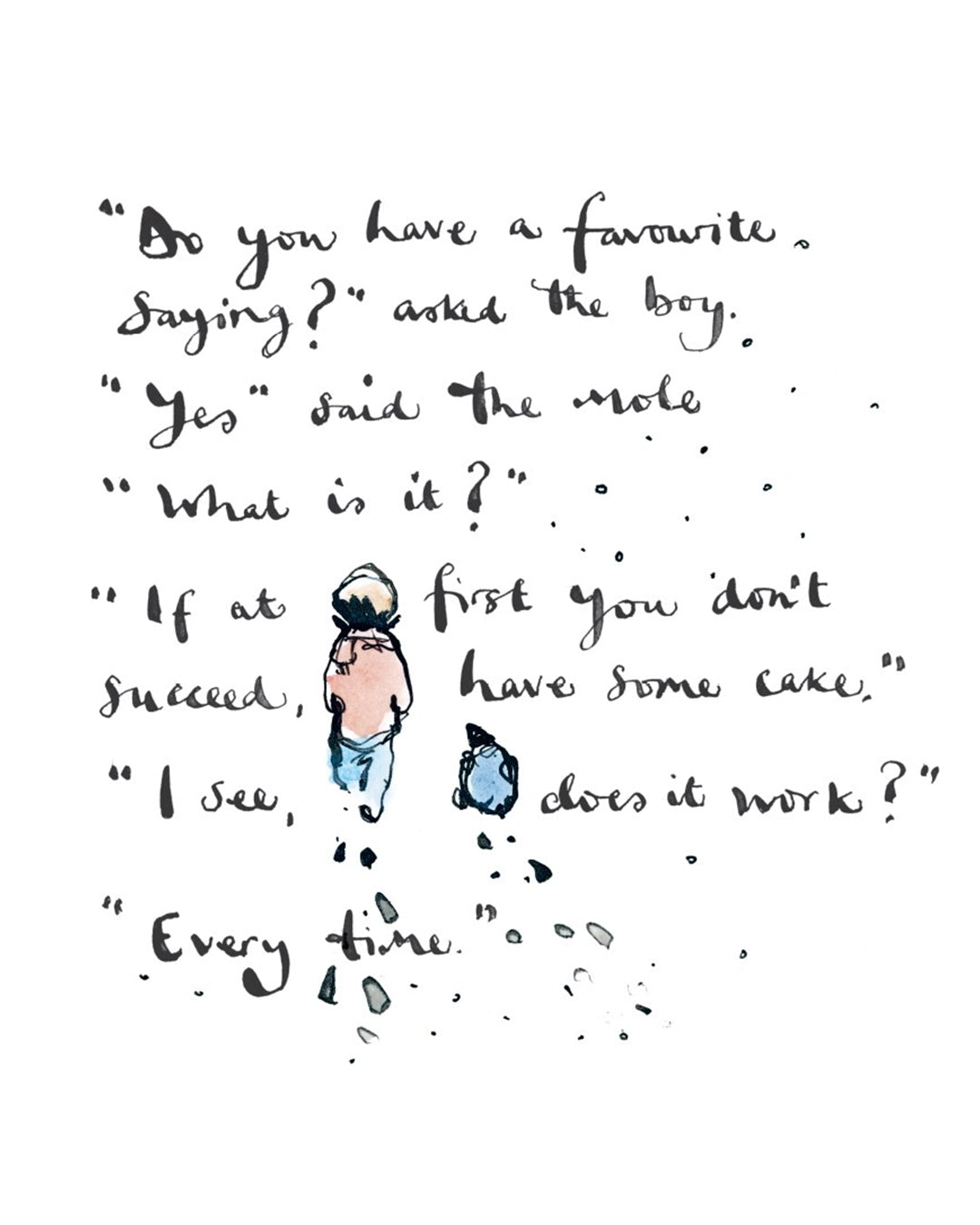 Illustration from Le Book - The Boy, the Mole, the Fox and the Horse shows a boy and mole discussing eating cake after failure in handwritten text.