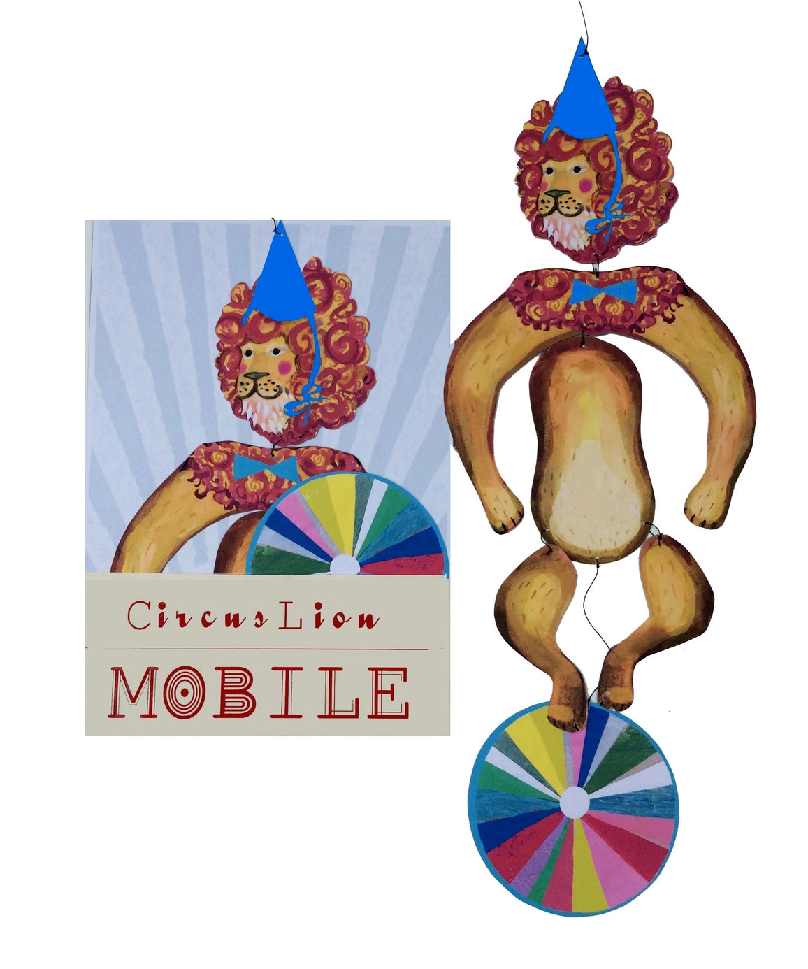 Le Mobile - Circus Lion features a circus lion with a blue party hat, colorful wheel, and matching illustrated packaging.
