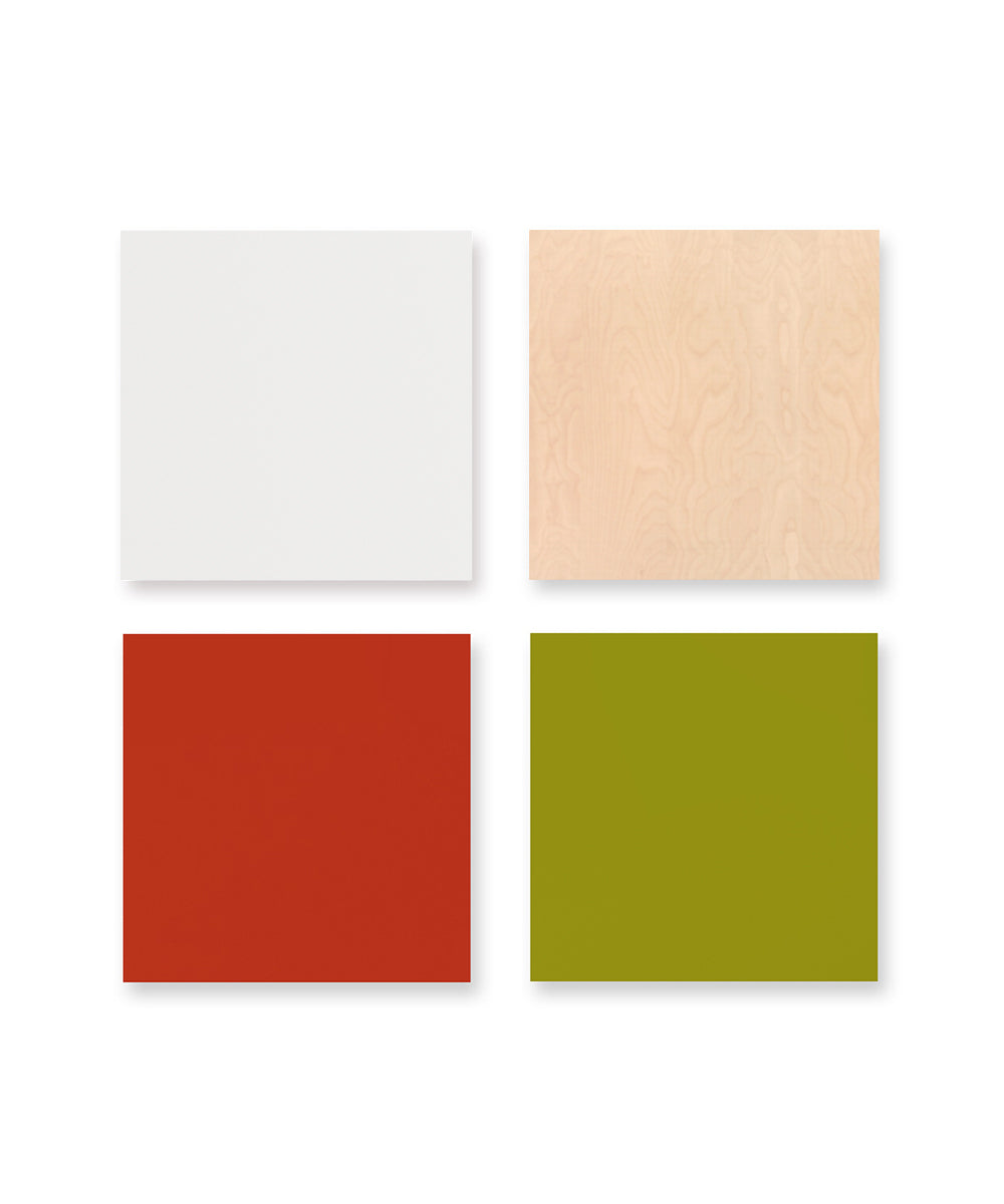 Wood and Paint Swatches featuring four squares—white, light wood, red, olive green—in a 2x2 grid on a white background.