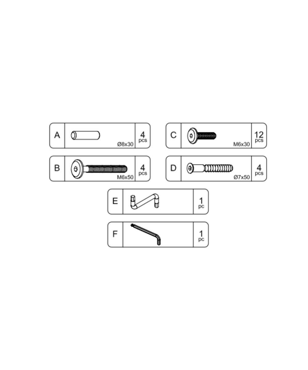 Brooklyn Desk Hardware assembly diagram with labeled screws, bolts, Allen key, and wrench, showing quantity and size for each part.