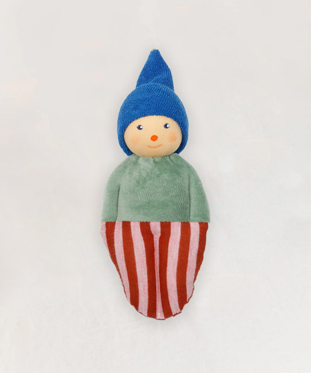 Clown Rattle - Green: Plush doll with a blue hat, green top, and red-and-white striped bottom on a white background.