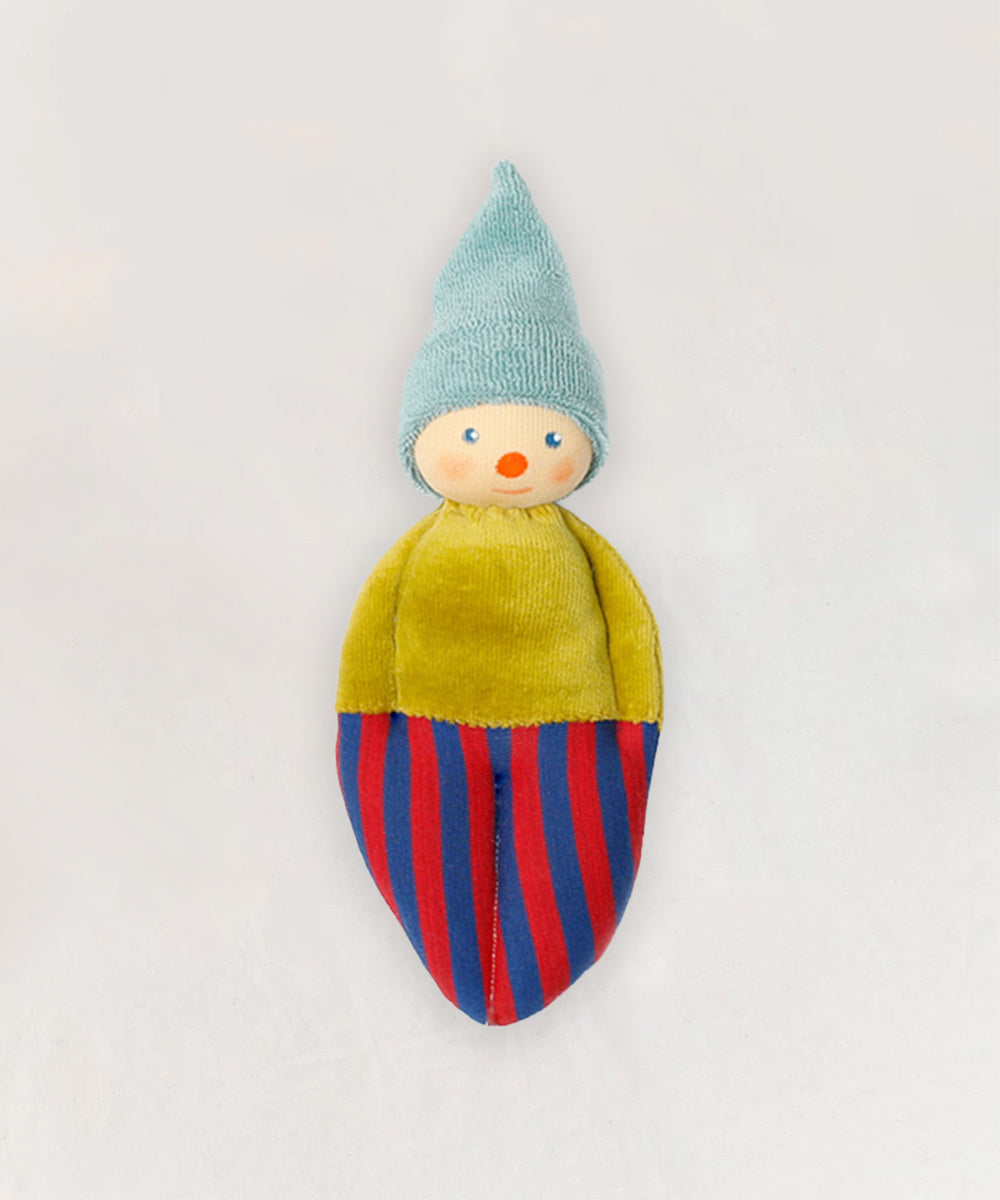 Clown Rattle - Yellow: A soft doll with a blue hat, yellow top, and red-and-blue striped bottom on a plain background.