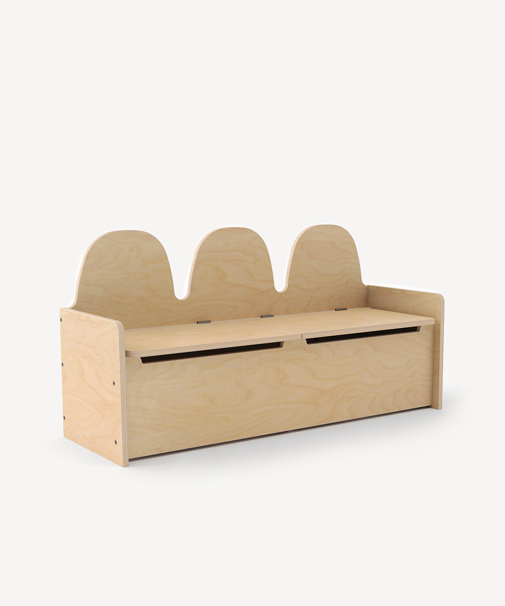 Oeuf Camel Storage Bench with storage compartments on a white background