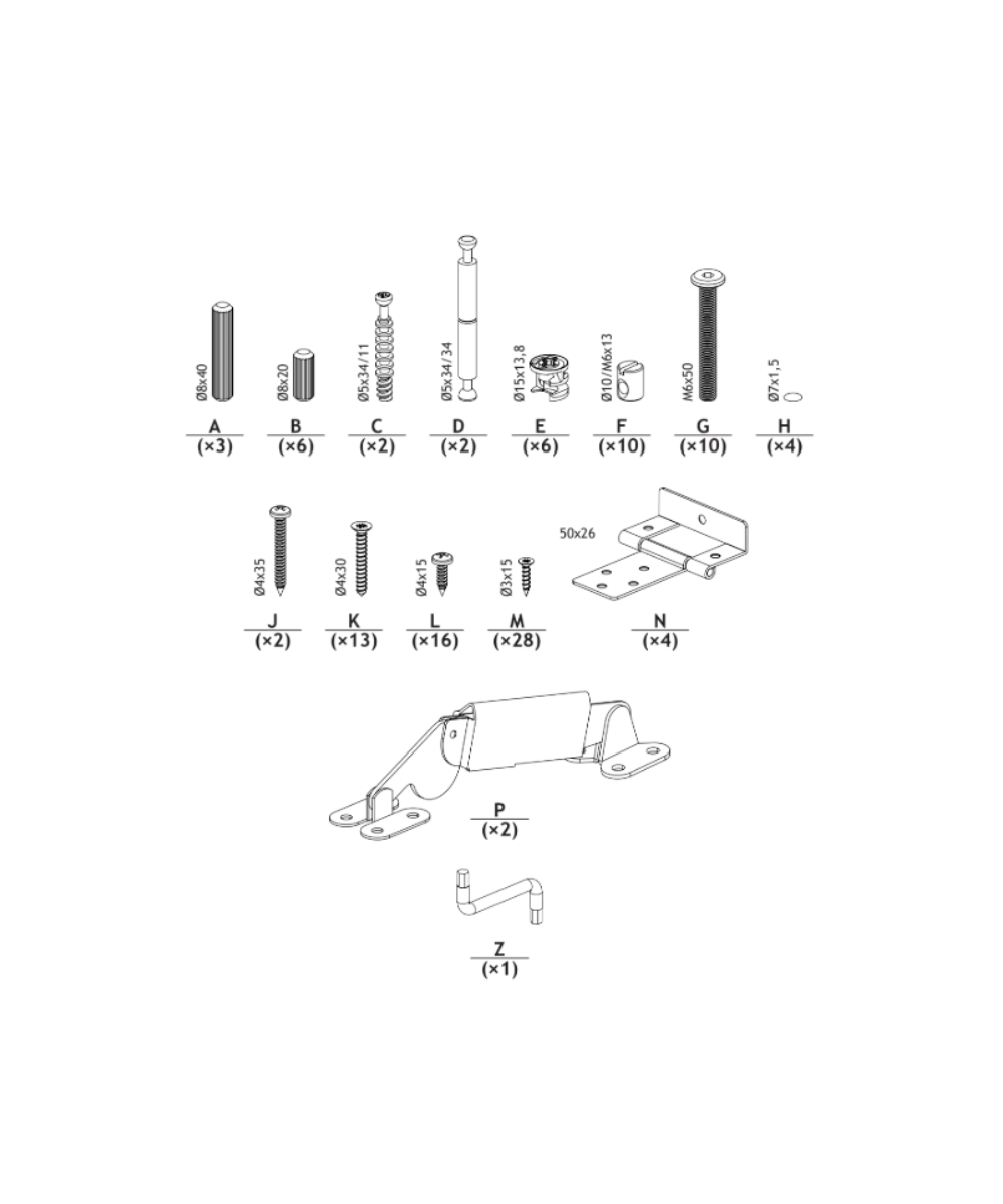 Exploded diagram of Camel Bench Hardware showing labeled and lettered parts for assembling the metal bracket or hinge.
