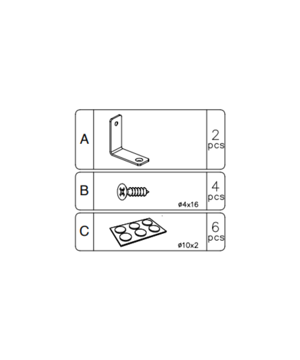 Changing Tray Hardware includes 2 L-brackets, 4 screws (4x16mm), and 6 round pads (10x2mm), labeled A, B, and C.