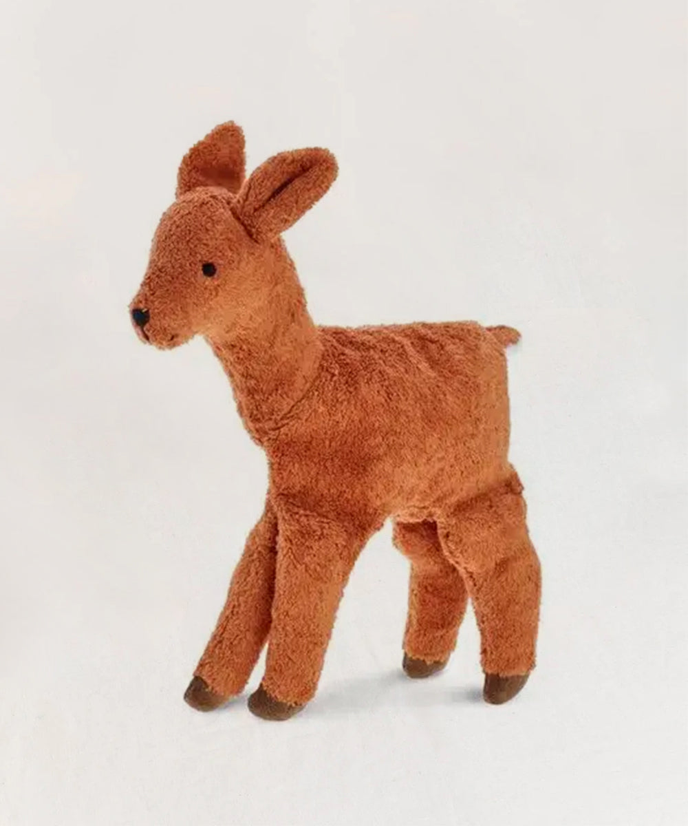 A plush Deer toy in brown with black eyes and dark brown hooves, shown on a plain light background.