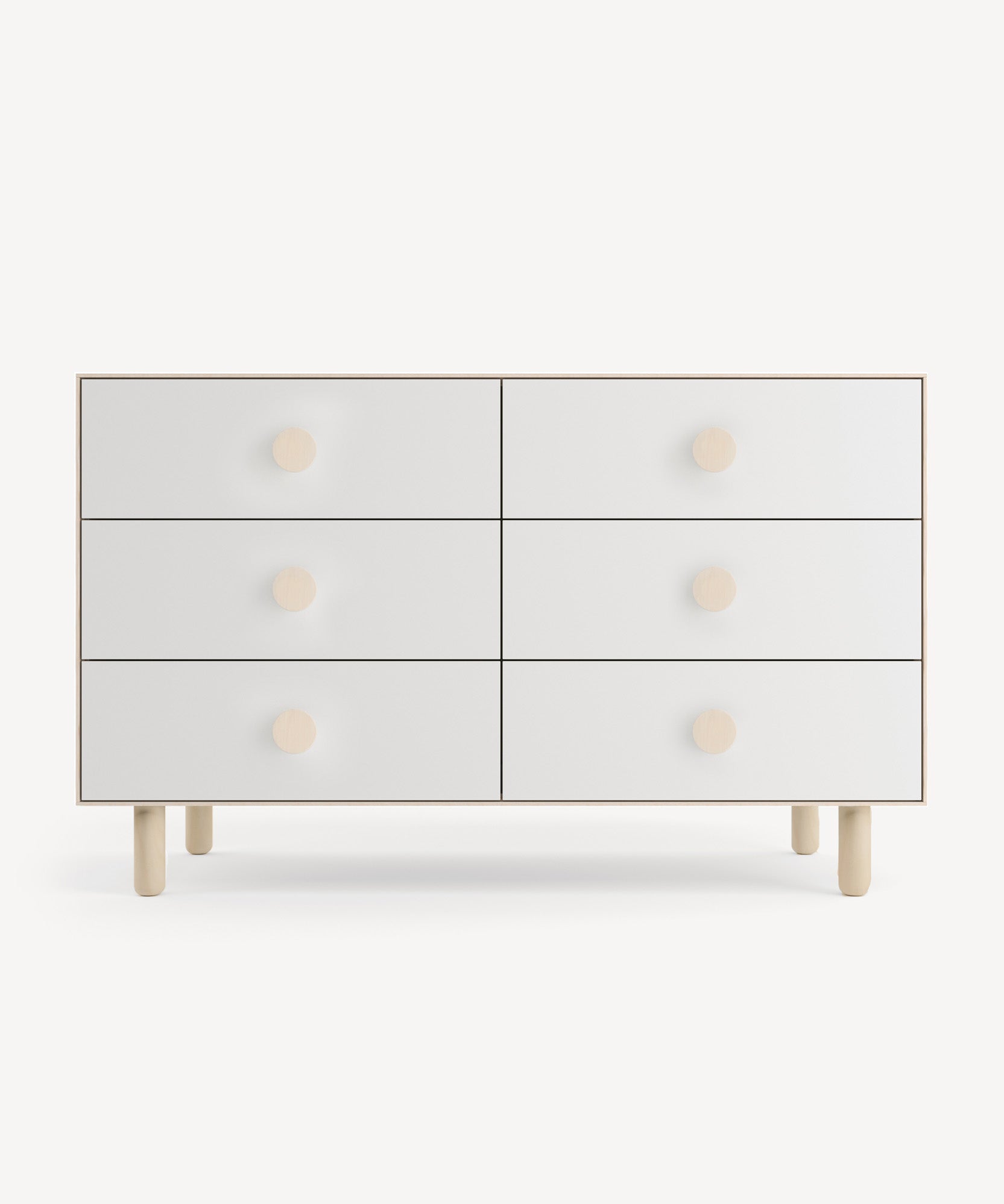 Dot 6-Drawer Dresser with round wooden handles and legs, set against a light background.