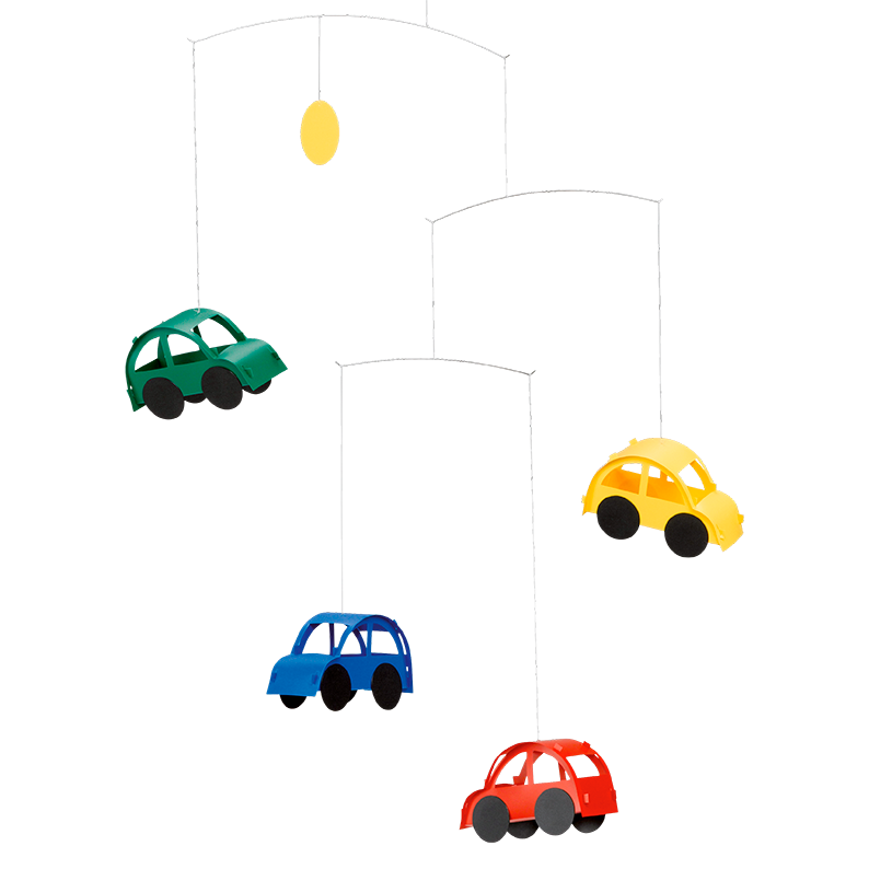 Cars hanging mobile with green, yellow, blue, and red toy cars plus a small yellow oval on a white background.