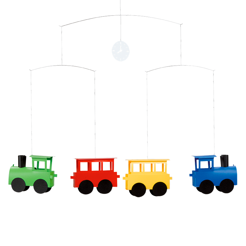 Locomotives mobile features green, red, yellow, and blue paper train cars hanging against a white background.