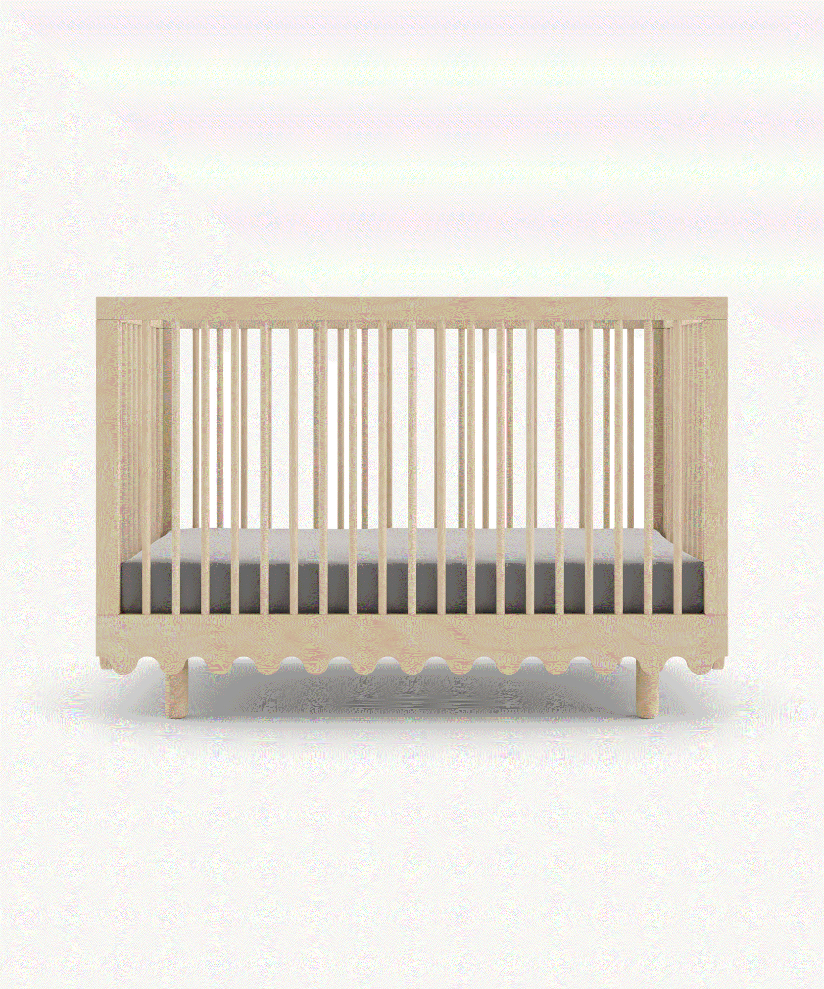 Stop-action of the Moss Crib showing the mattress in its three positions: low, middle, and high.
