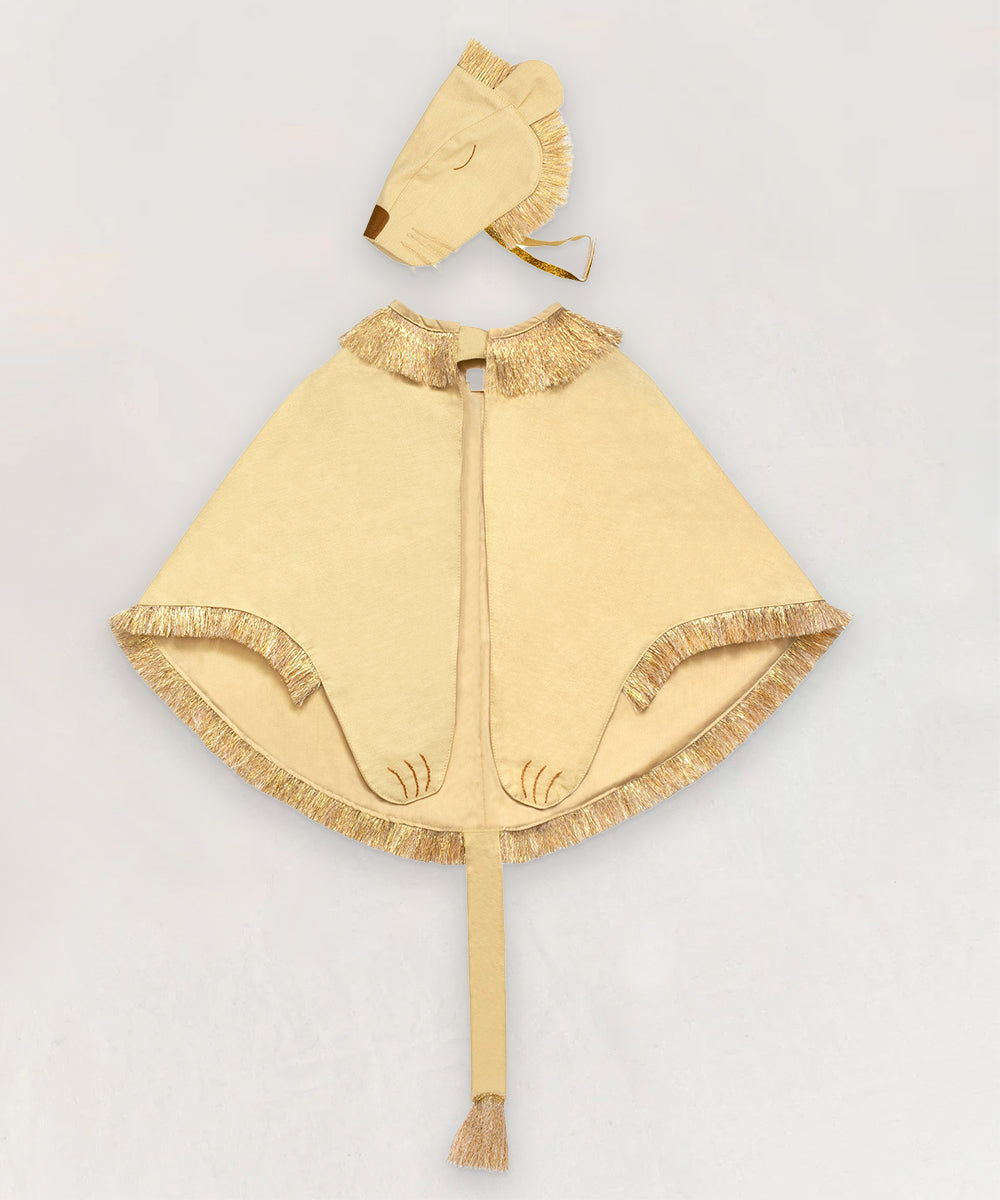 Lion Costume for children with tan cape, gold fringe, tail, and lion face mask, displayed flat on a white background.
