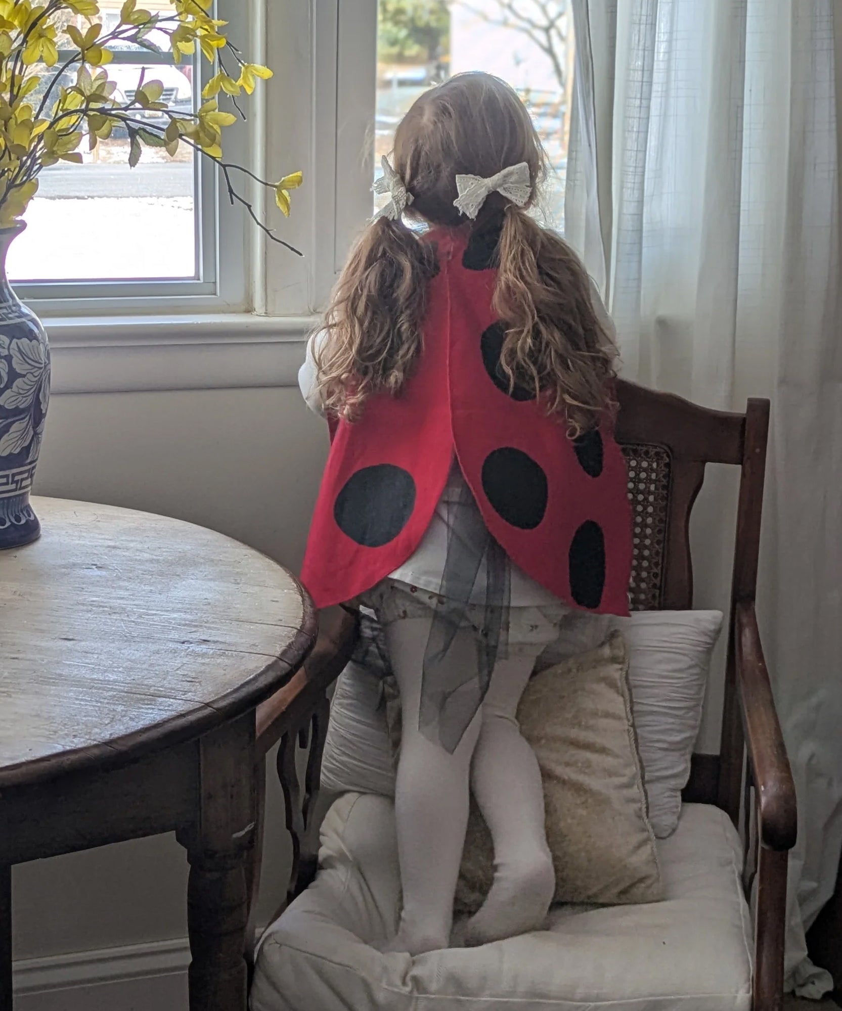 A child wearing the Le Ladybug Wings Costume looks out a window while kneeling on a chair in a cozy room.