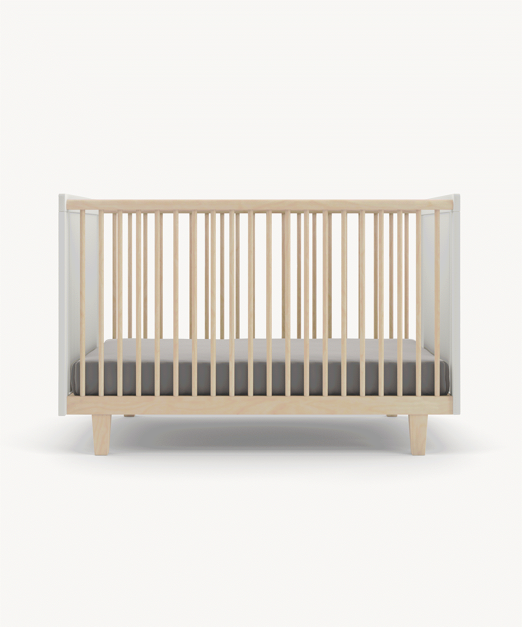 Rhea Crib: A front view of the wooden crib featuring pale wood slats and a gray mattress. Animated to show different mattress positions.