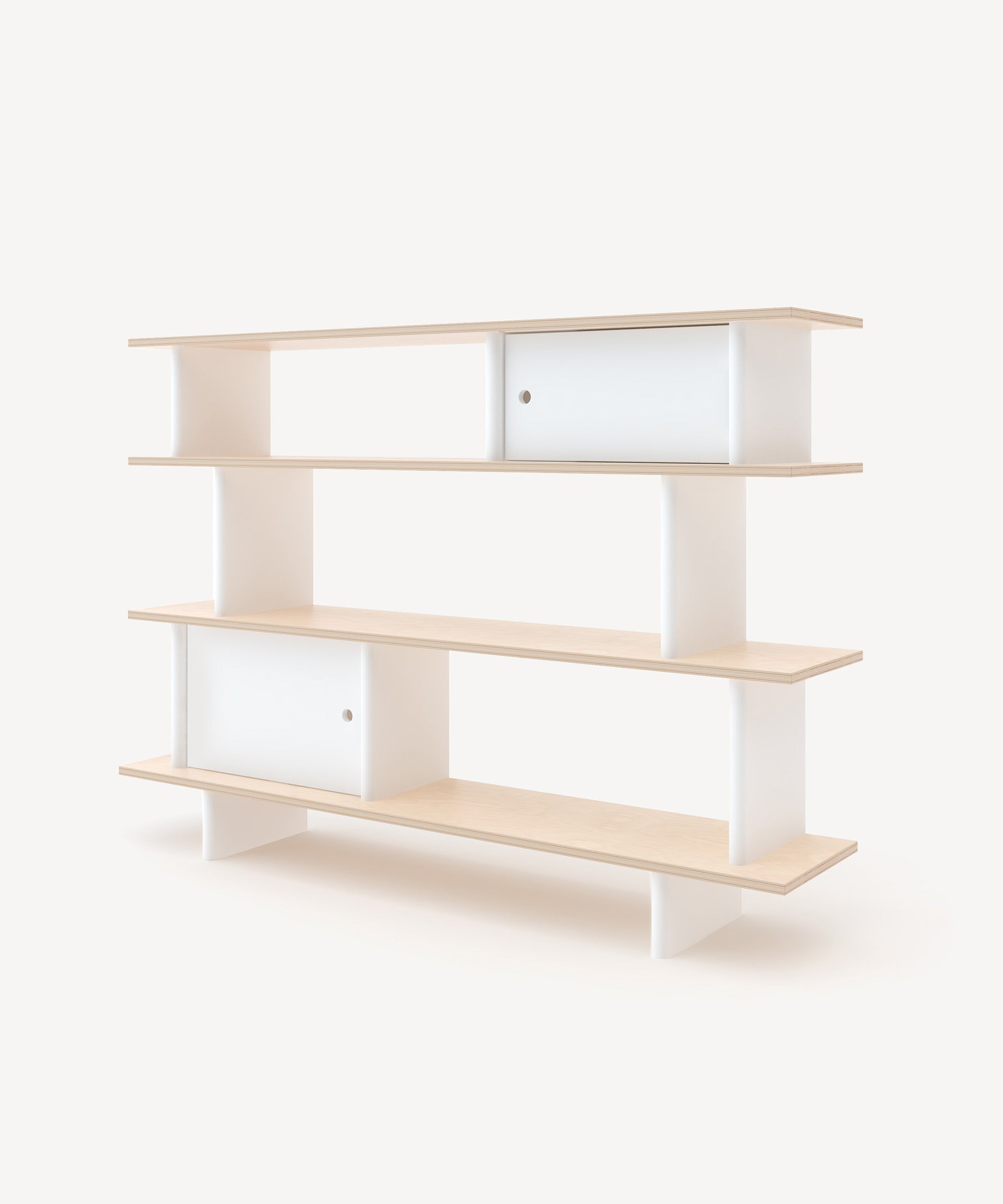 The Mini Library is a minimalist wooden bookshelf with a light wood finish, white accents, open shelves, and closed compartments.