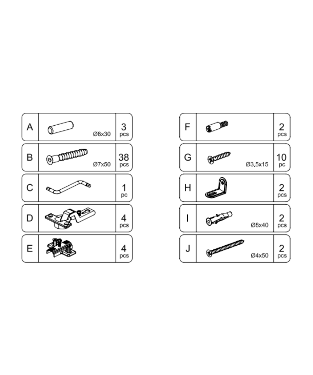 Mini Library Hardware diagram with labeled parts A–J, quantities, and brief illustrations for each component.