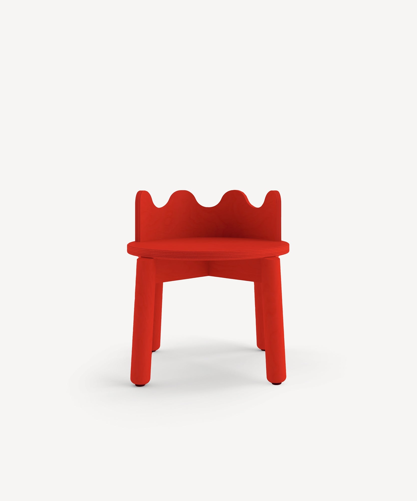 The Moss Chairs (Set of 2) are small, bright red chairs with three legs and wavy backrests, shown against a plain white background.