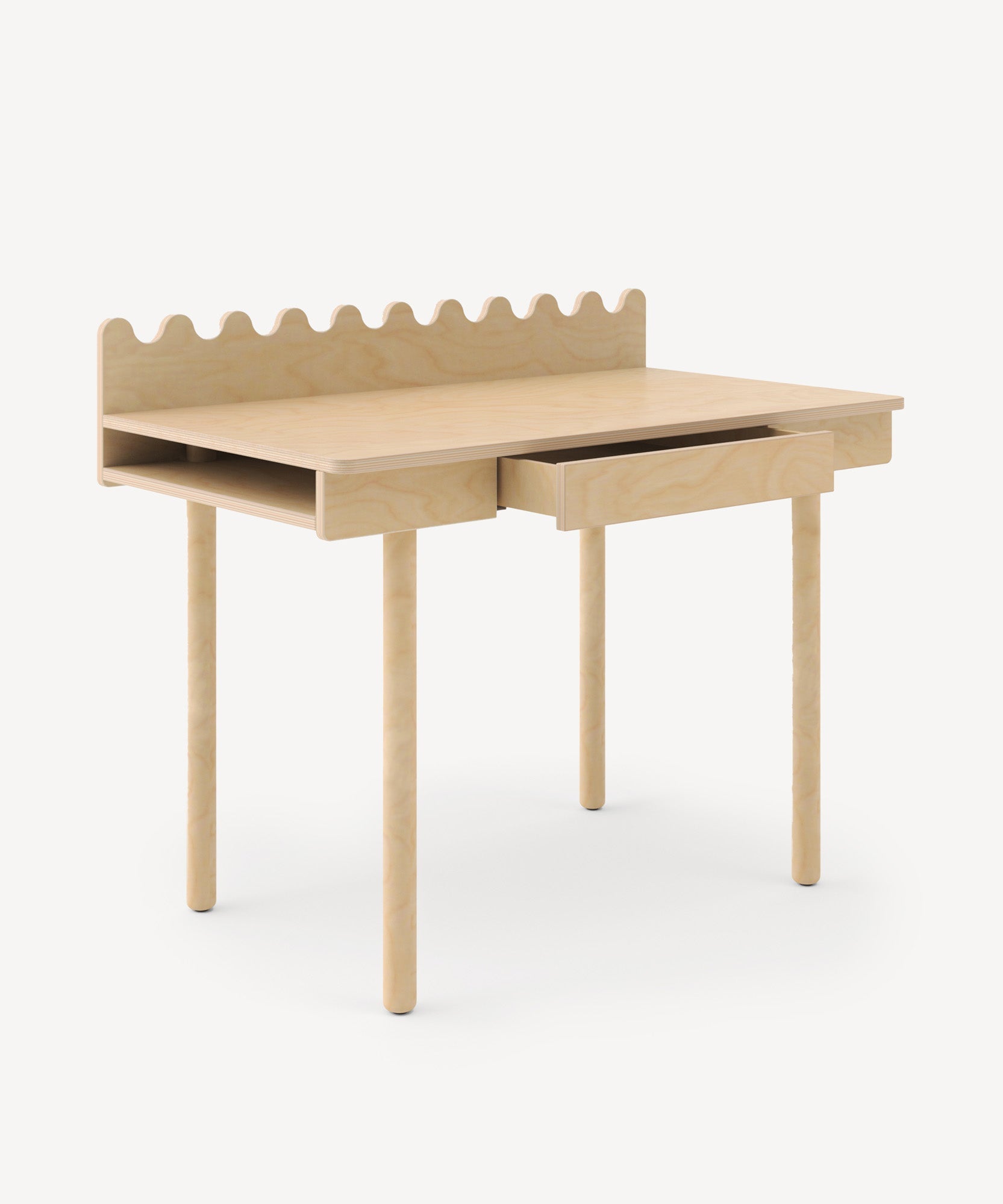 The Moss Desk features light wood, a scalloped back edge, two front drawers, and four straight legs on a white background.