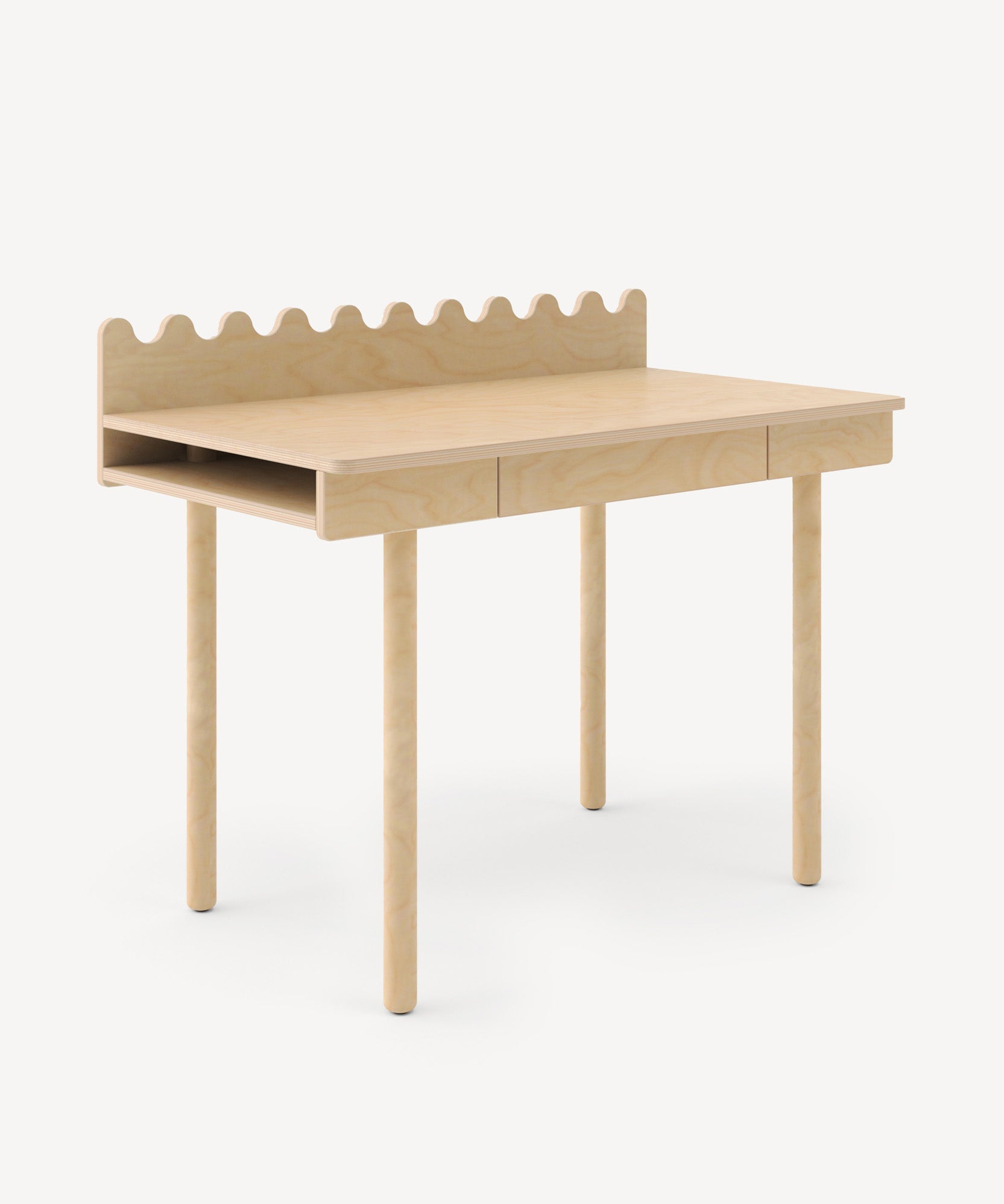 The Moss Desk features light wood, four legs, two drawers, an open shelf, and a scalloped back edge.