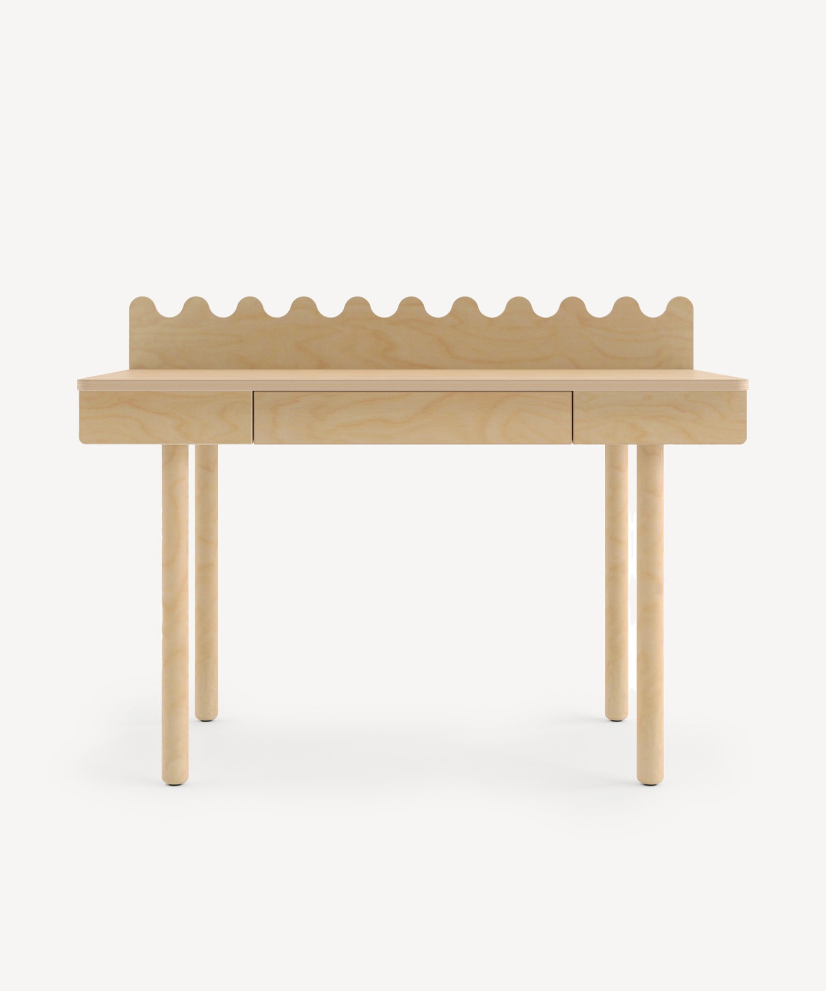 The Moss Desk features light wood, four legs, a drawer, and a decorative wavy backboard, shown against a white background.