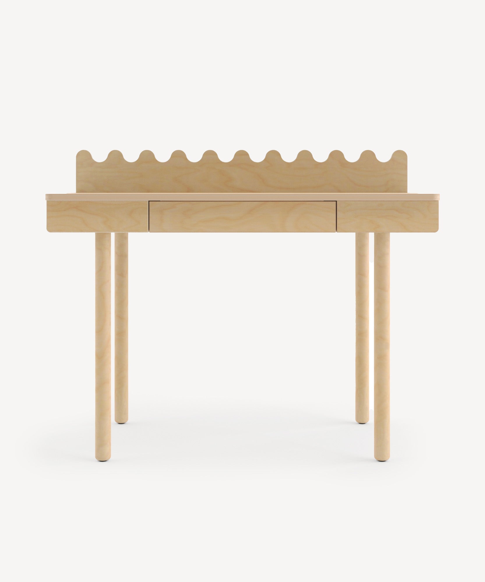 Moss Desk: Light wood desk with rounded legs and a wavy-edged backboard, shown from the front on a white background.