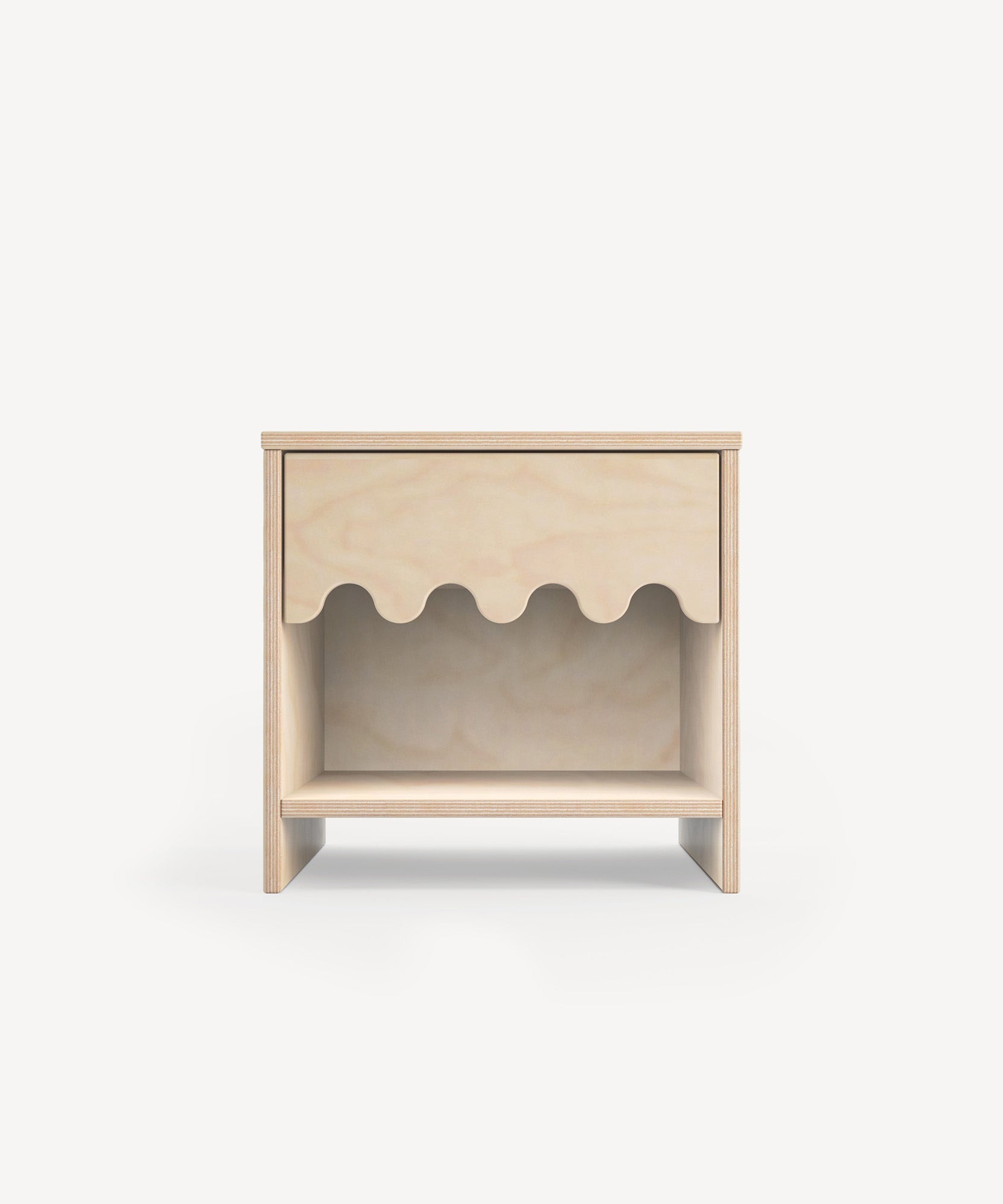The Moss Nightstand features a wavy-edged drawer and an open shelf below, shown on a white background.
