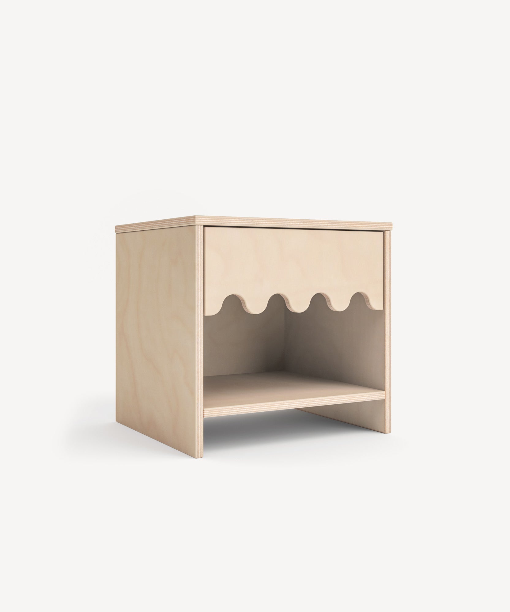 Moss Nightstand, featuring a scalloped edge on the front panel and an open shelf below.