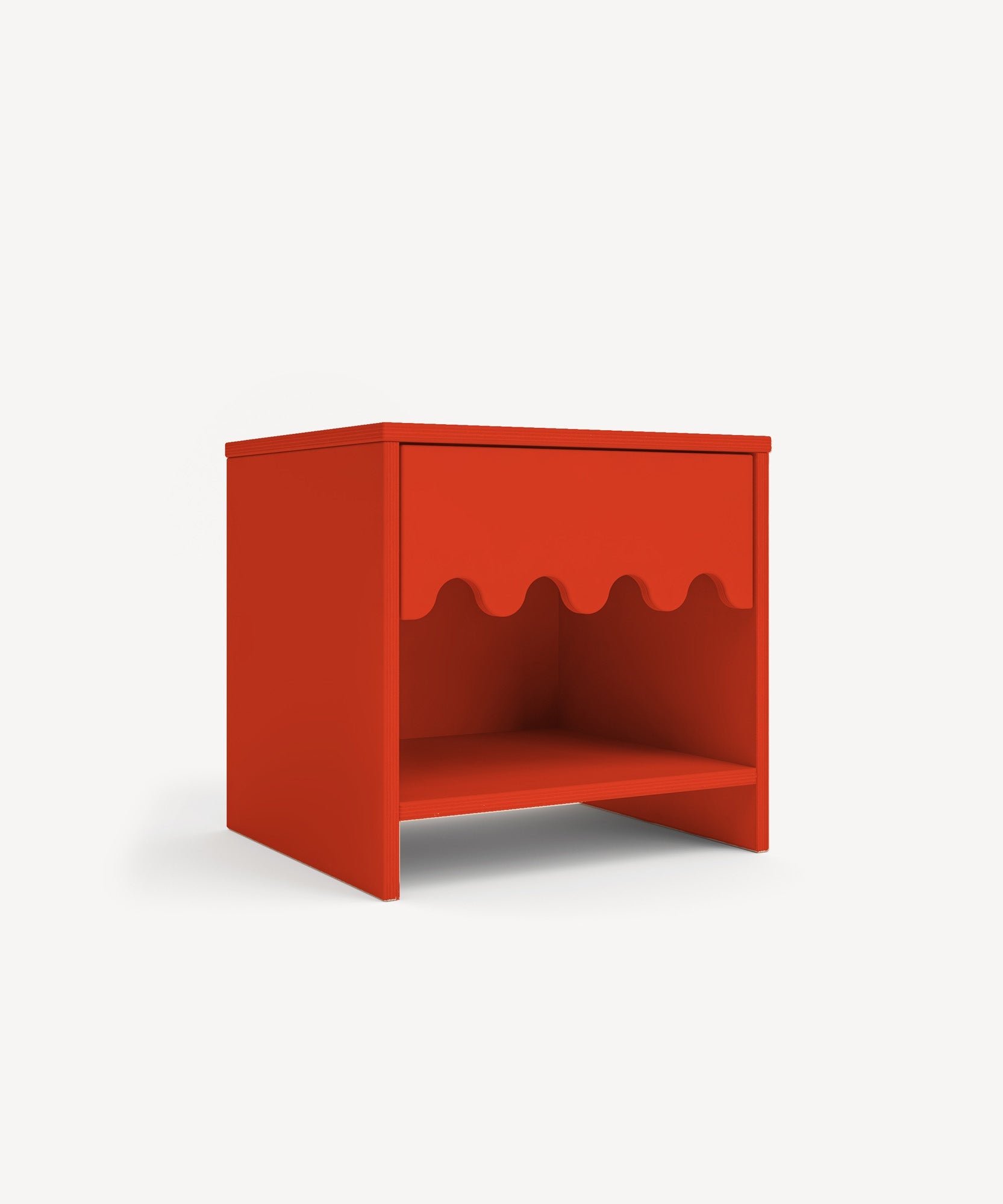 Moss Nightstand: A red bedside table featuring a decorative wavy drawer front and an open shelf, set against a white background.