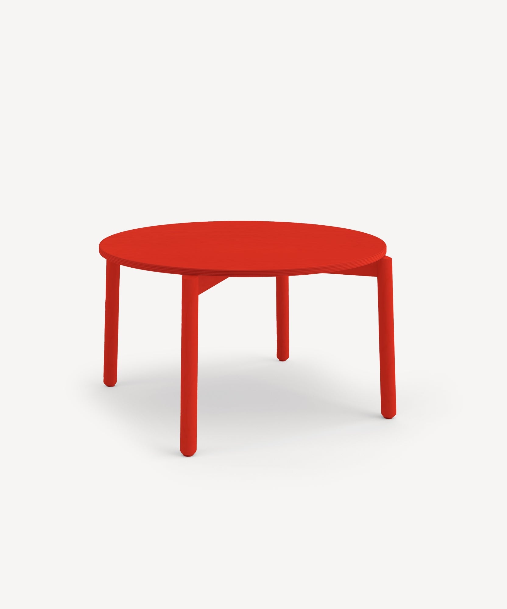 The Moss Table is a round, bright red table with four legs, shown against a plain white background.