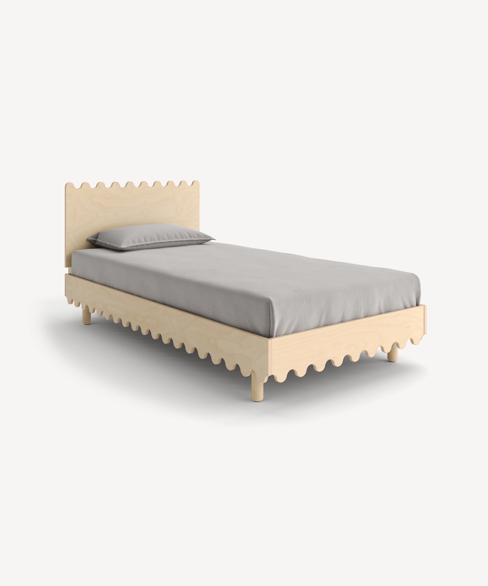 The Moss Twin Bed features a wavy wooden frame with a gray mattress and pillow, all on a plain white background.