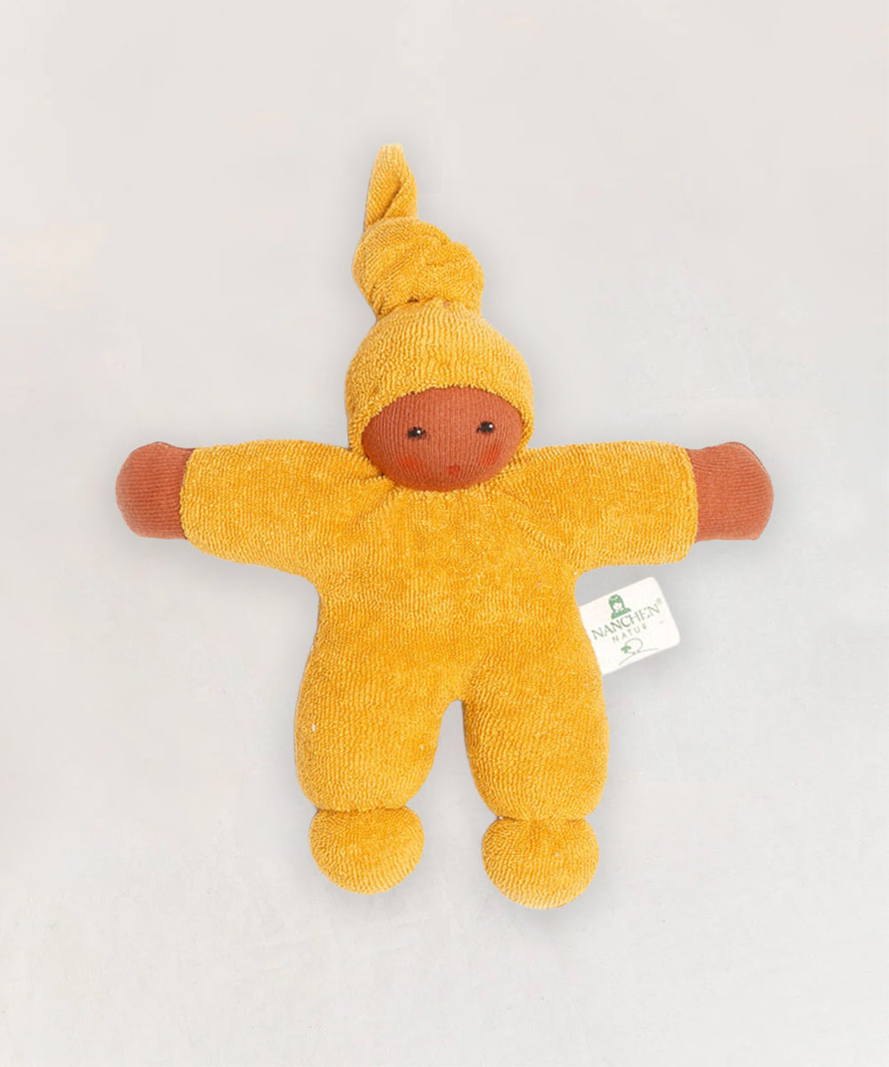 Waldorf Doll - Gold: plush doll in a yellow outfit with pointed hat, outstretched arms, and brown face, shown on white background.