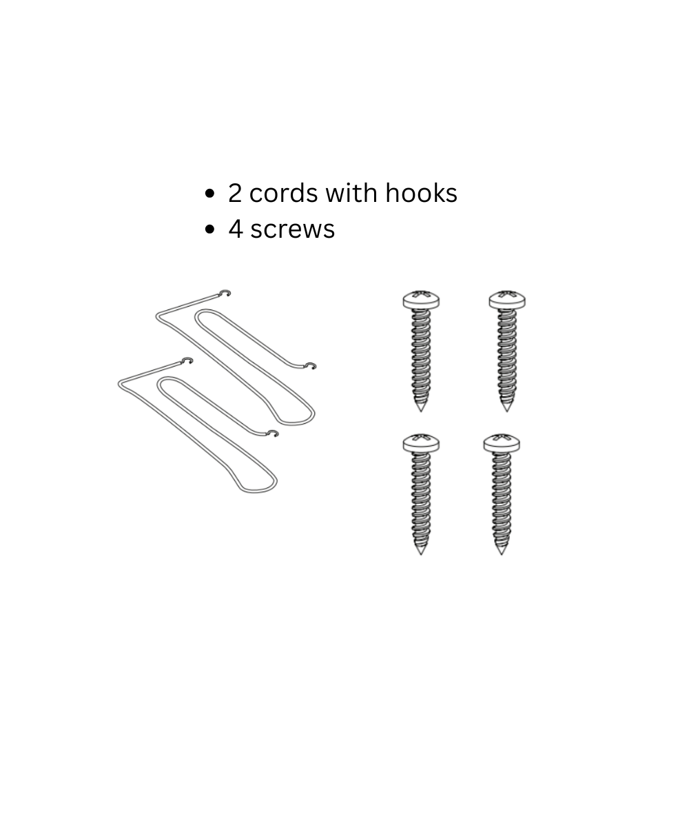 Curtain Hardware includes two cords with hooks and four screws, displayed as a bulleted list of included items.