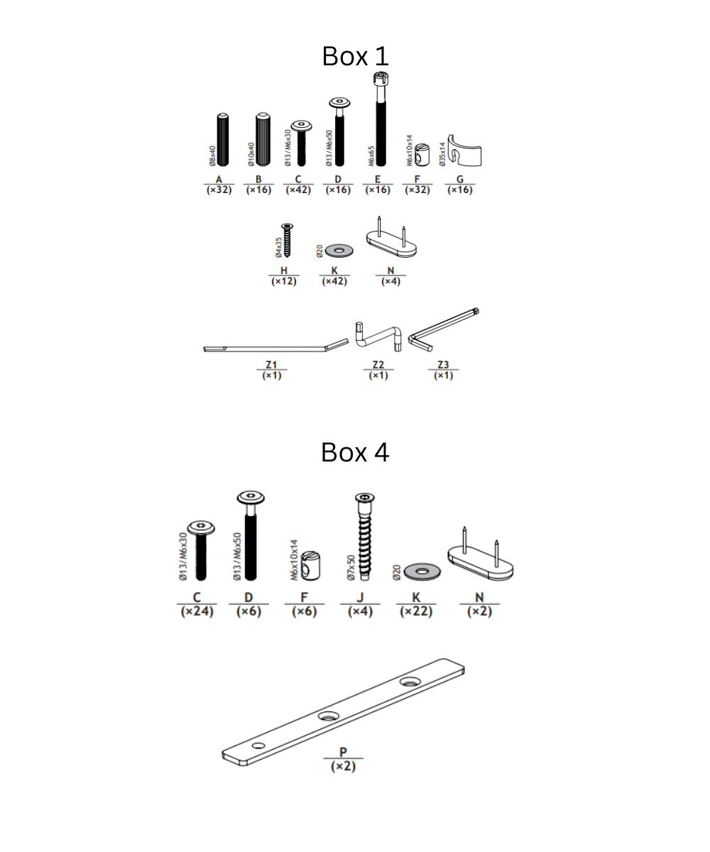 Diagram showing labeled Perch Nest Bed Hardware from Box 1 and Box 4, including screws, bolts, washers, and brackets.
