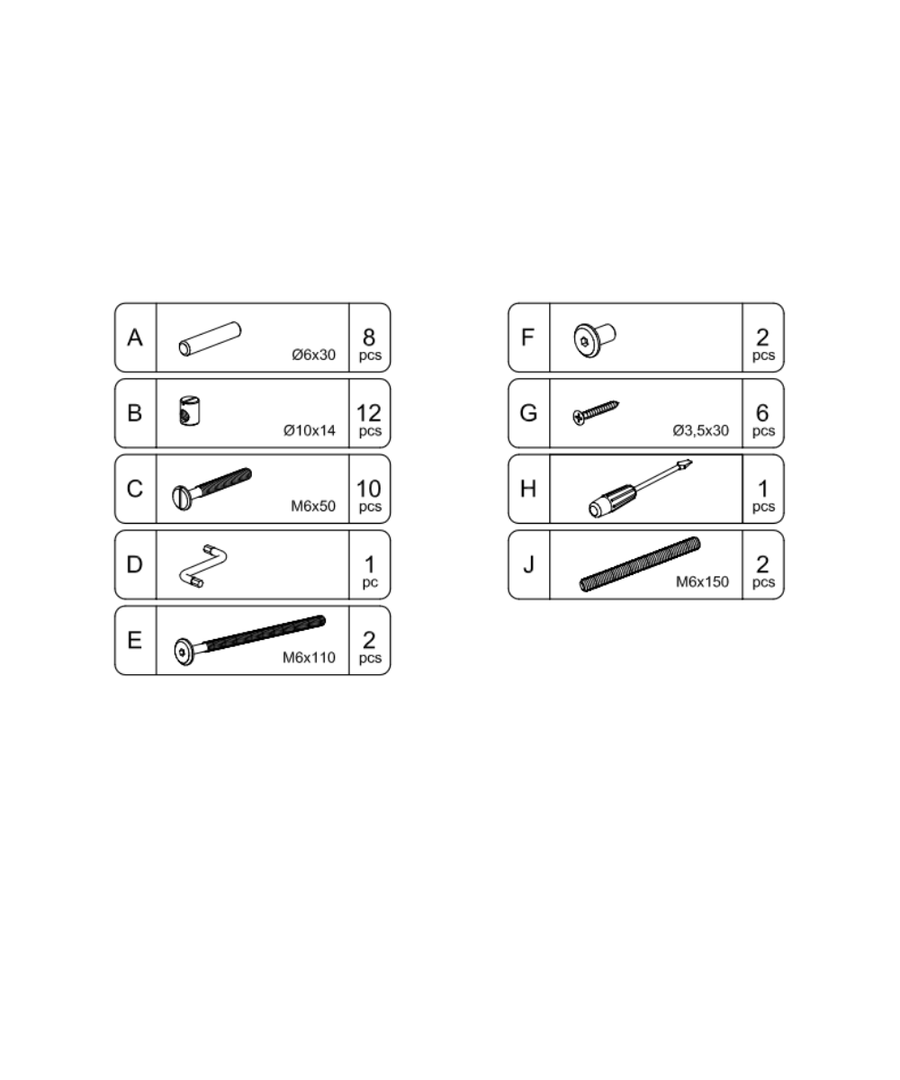 Perch Toddler Bed Hardware parts list with labeled images of screws, dowels, and fasteners, each showing size and quantity.