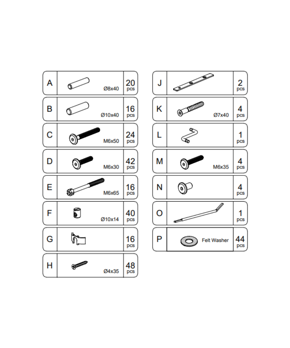 Perch Twin Loft Bed Hardware chart lists labeled screws, bolts, rods, and washers with quantities and part codes.