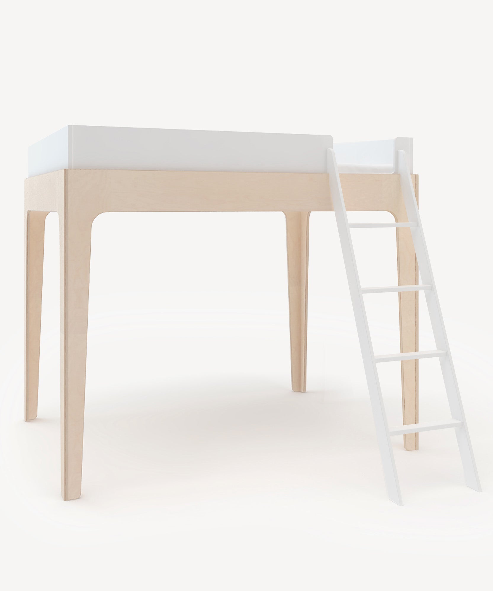 The Perch Full Loft Bed is a minimalist wooden bed featuring a white mattress and an attached white ladder.