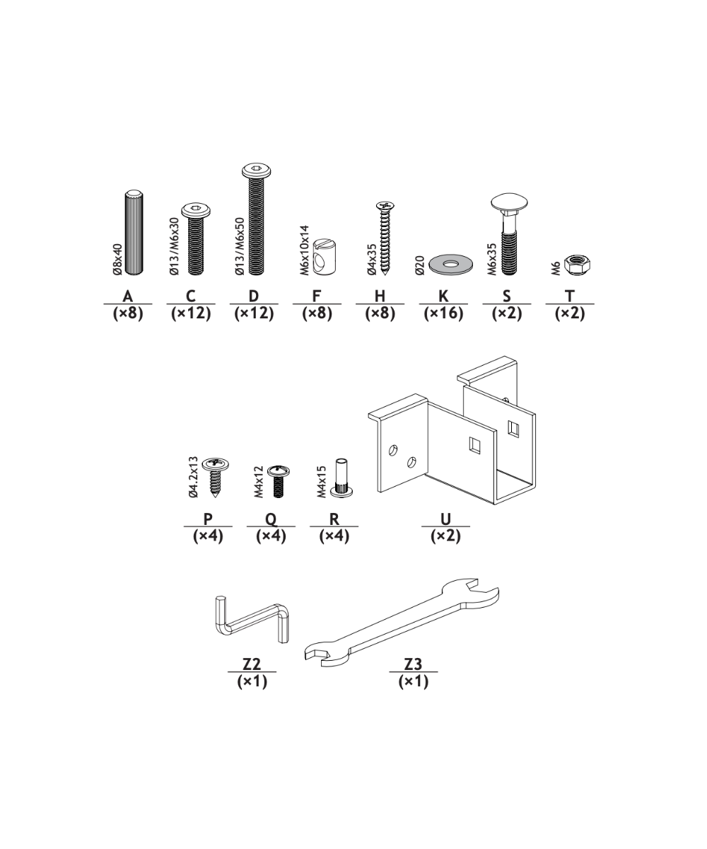 Perch Full Bed Hardware assembly diagram with labeled screws, bolts, brackets, tools, and part counts for each component.