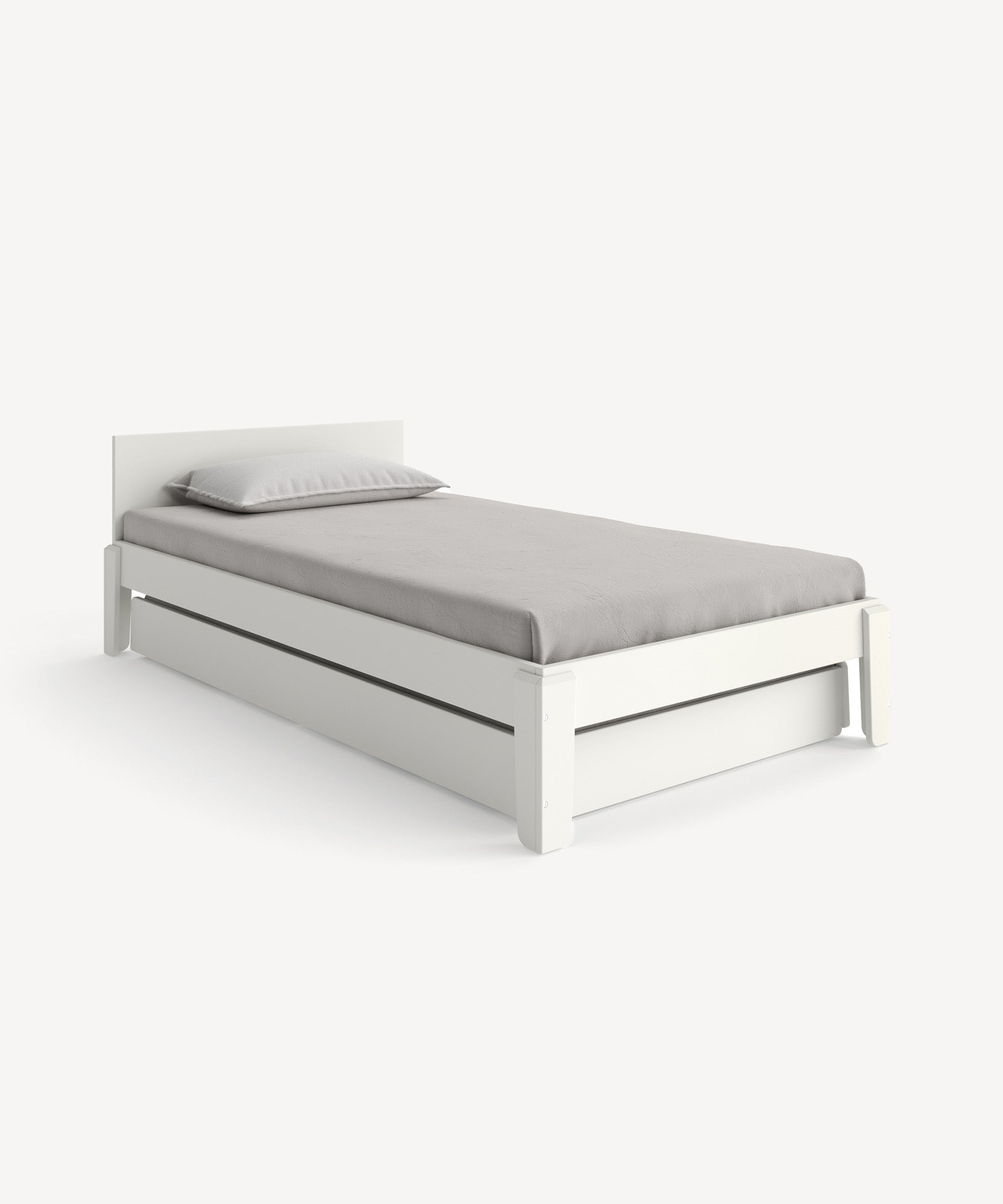 Perch Twin Bed in white with a gray mattress and pillow.