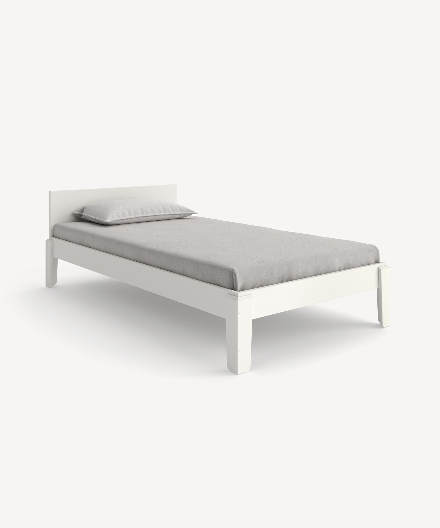 Perch Twin Bed in white with a gray mattress and pillow, seen from a slight angle.