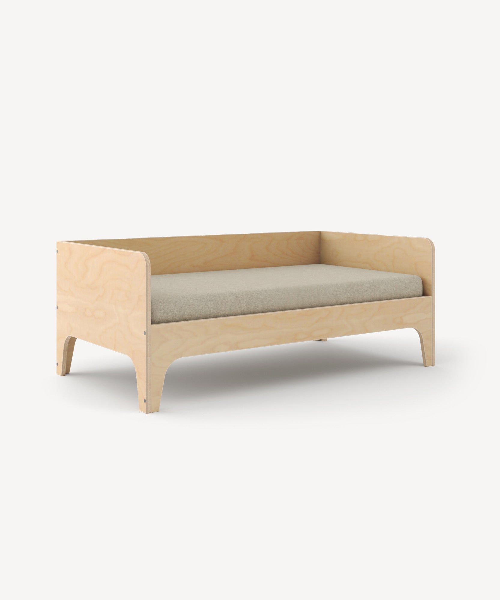 A wooden Perch Toddler Bed with a minimalist design and a light gray cushion.