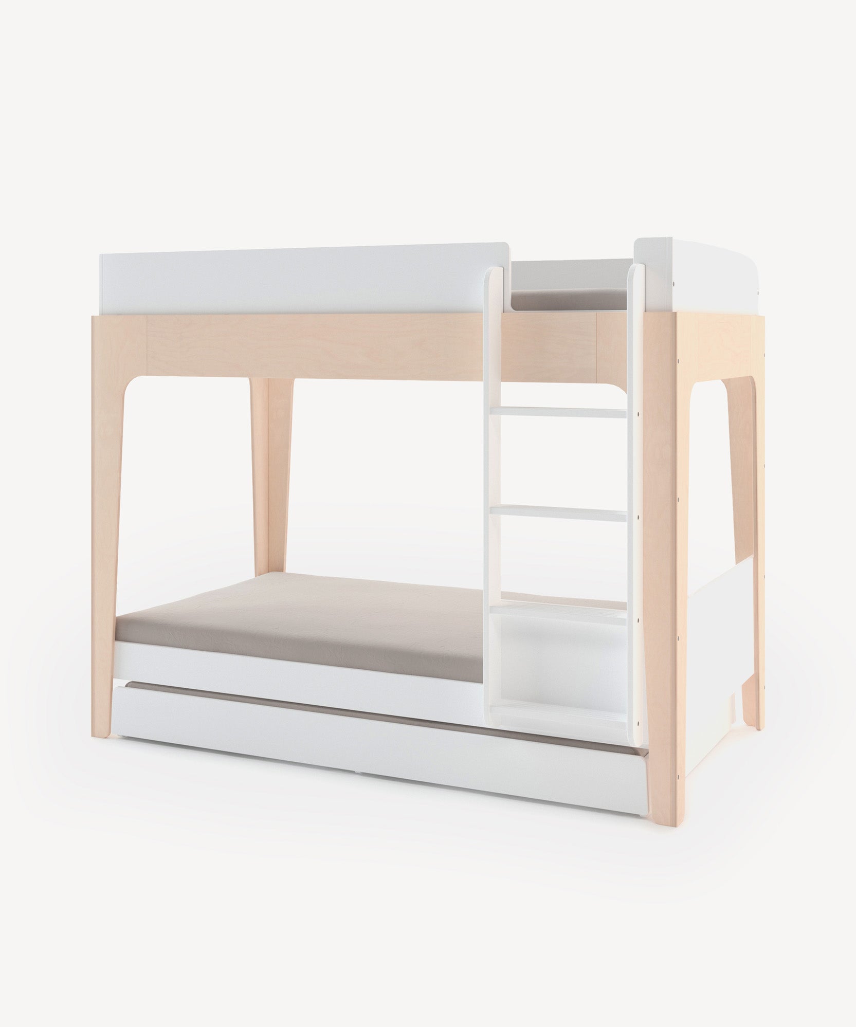 A modern, light wood Perch Trundle Bed with a white ladder conversion kit.