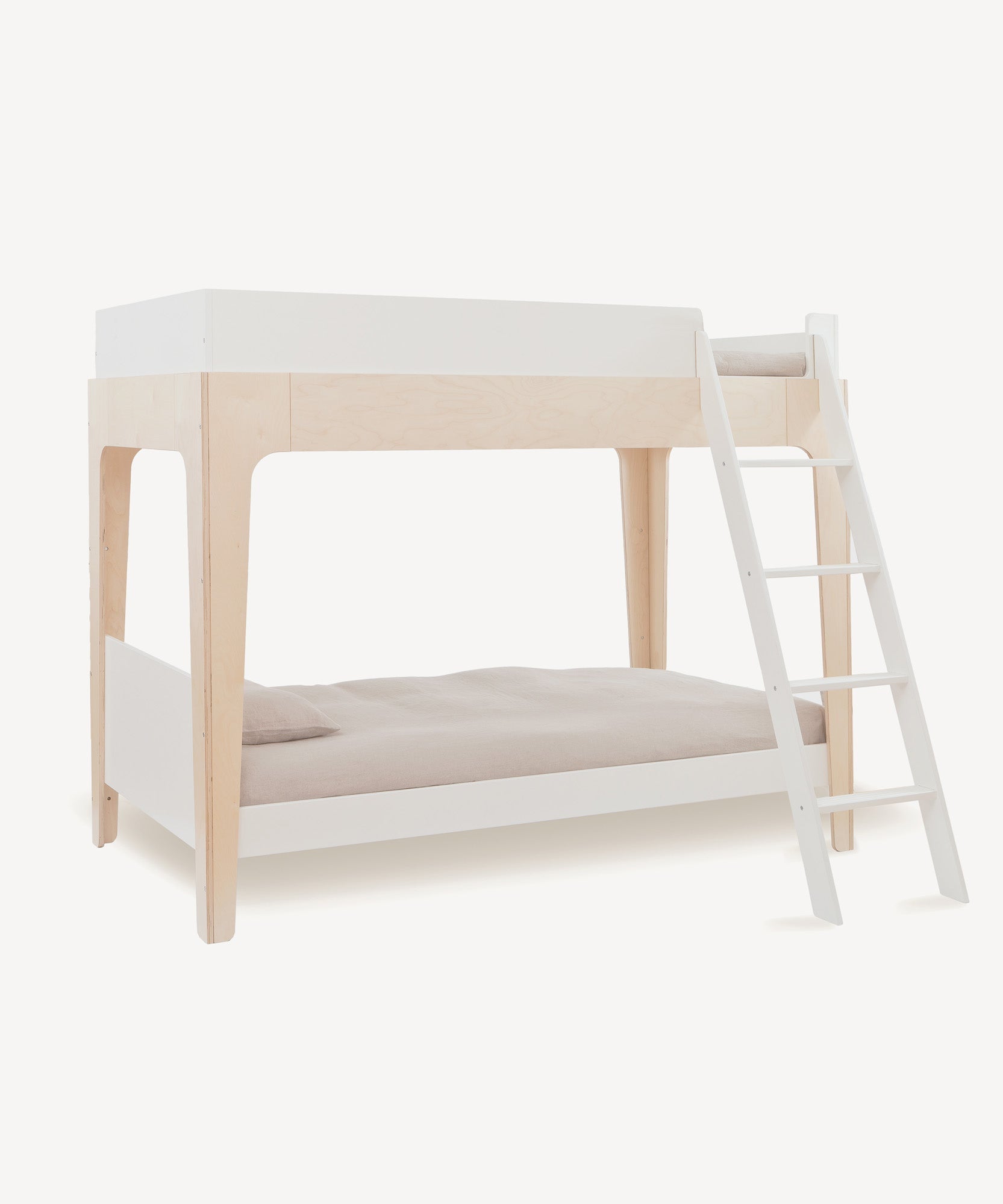 Perch Twin Bunk Bed with a wooden white frame, attached ladder, and light grey bedding.